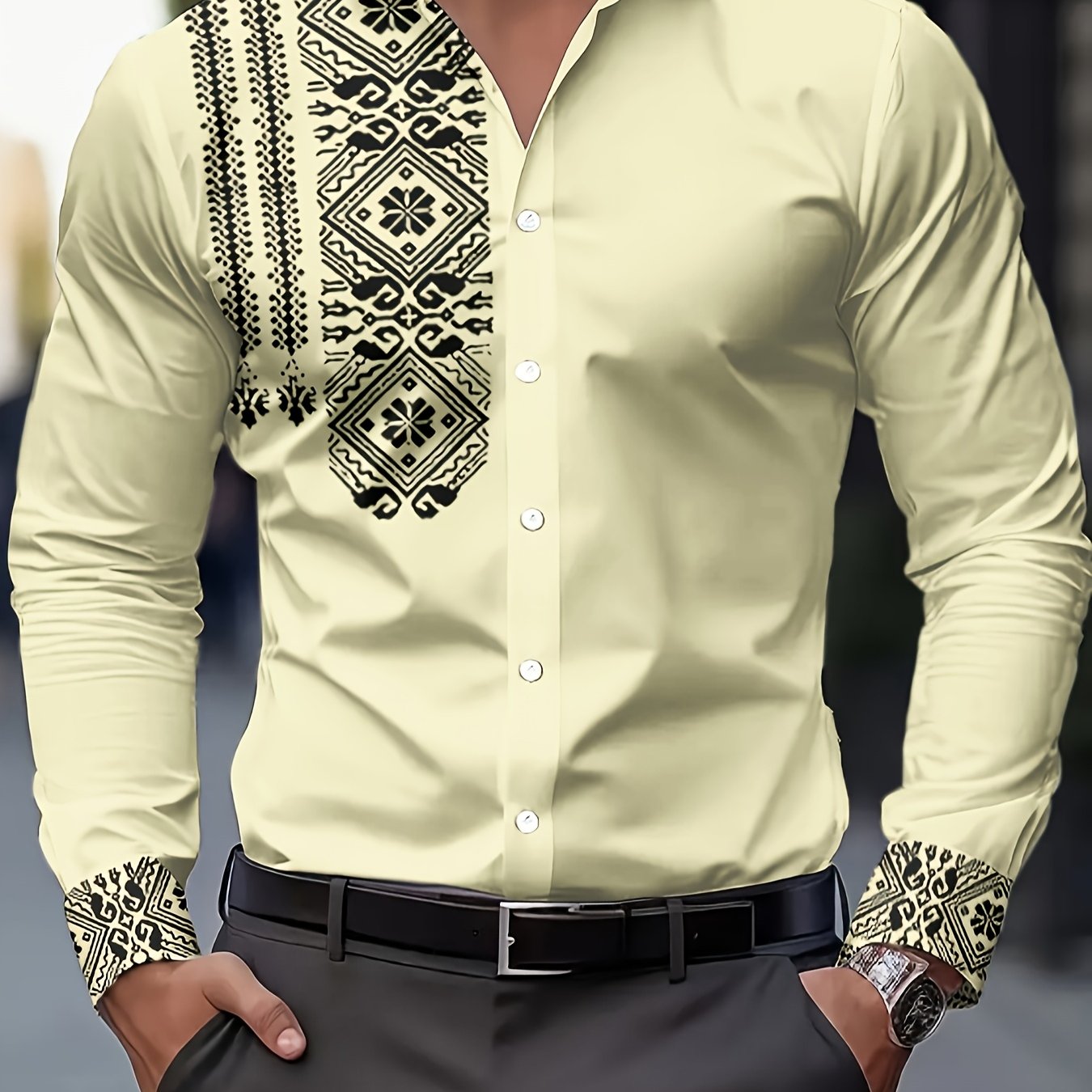 Camisa de hombre Dreamblue con diseño floral retro en blanco y negro, manga larga, tela transpirable y corte regular.