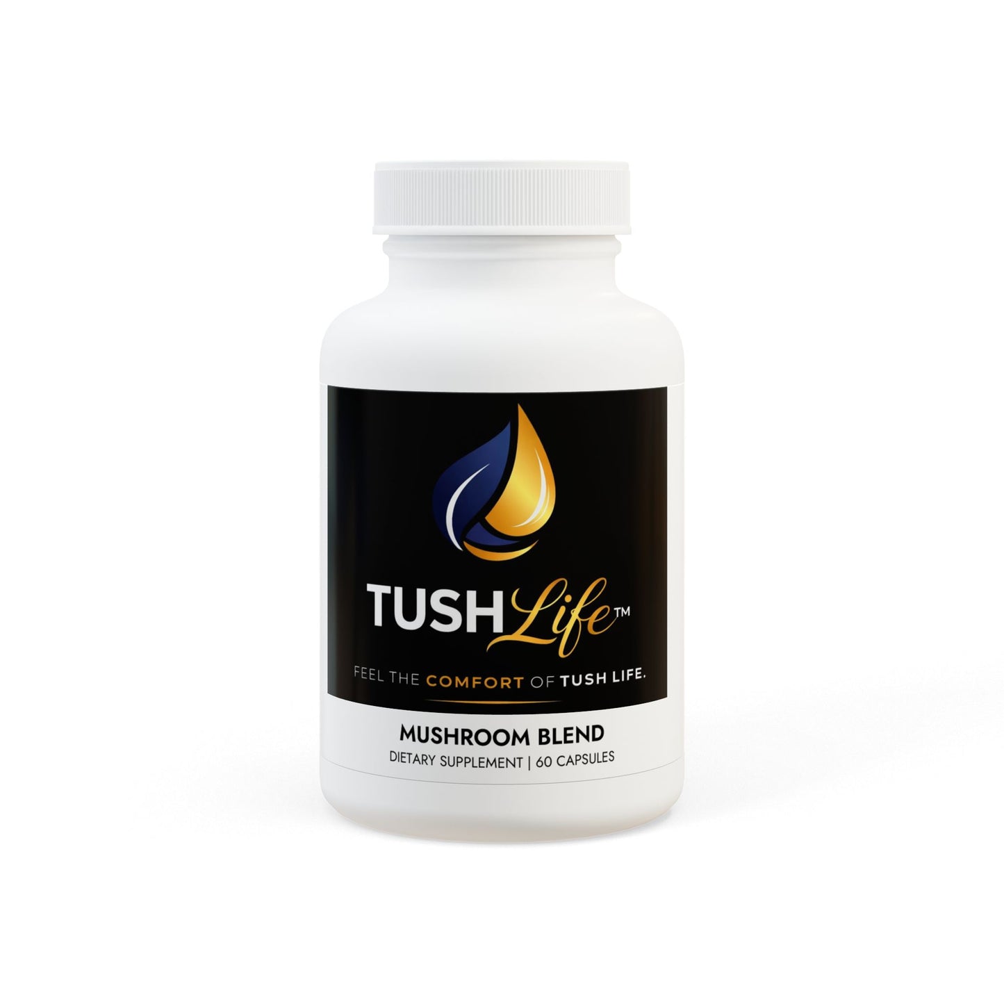 Suplemento alimenticio Tushlife con mezcla de 10 hongos funcionales para energía, enfoque, inmunidad y cerebro en cápsulas.
