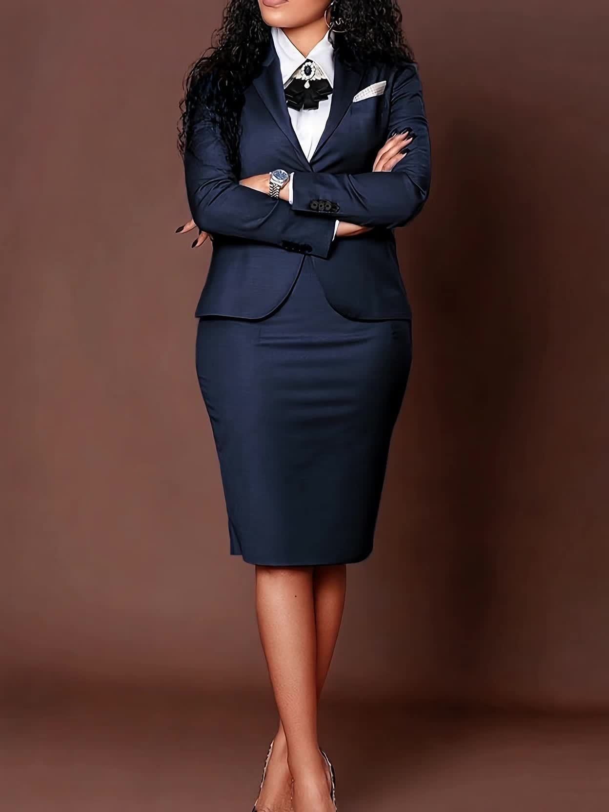 Conjunto de ropa de mujer con blazer y falda lápiz, estilo formal y elegante, con lazo en el cuello, de Dreamblue Store.