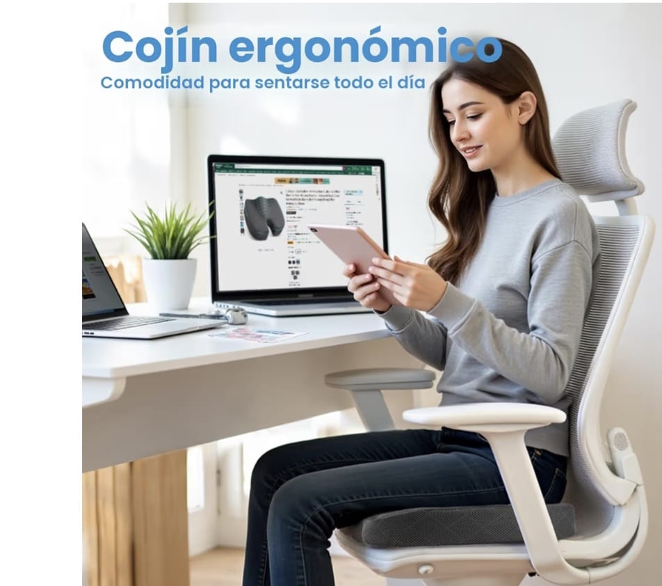 Cojín ergonómico de espuma viscoelástica TushLife para apoyo coccygeal en silla de oficina, con diseño antideslizante.
