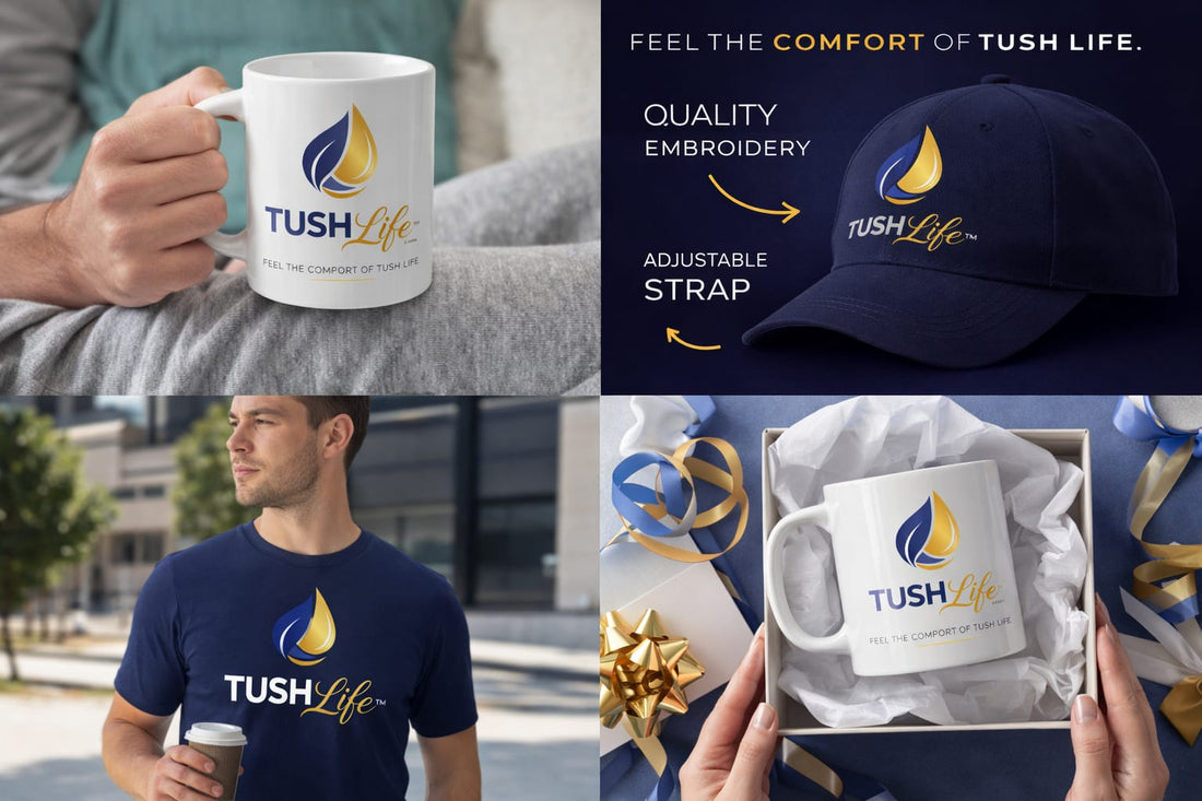 TushLife lifestyle products including coffee mug, embroidered cap, and t-shirt showcasing comfort and premium quality branding