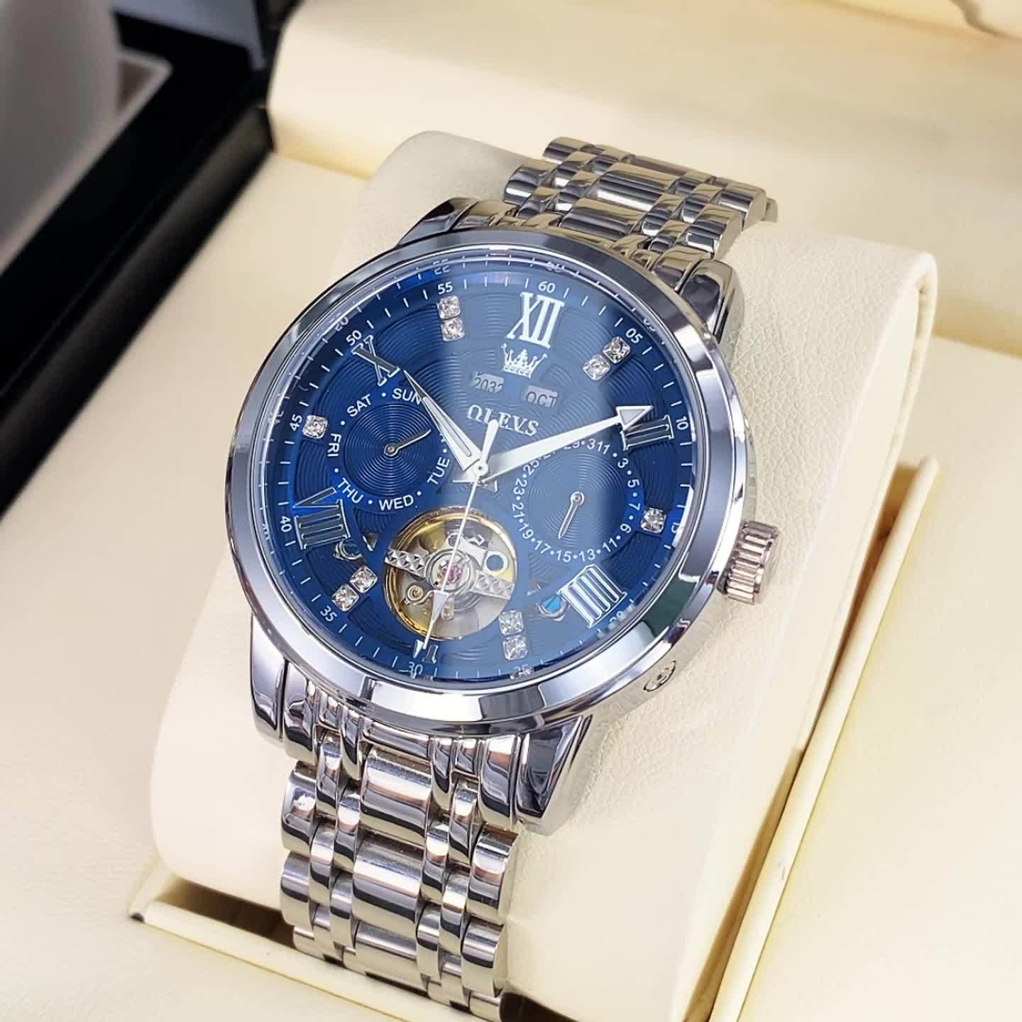 Reloj automático de lujo para hombres Dreamblue, pulsera de acero inoxidable, estilo clásico de negocios y casual sin batería