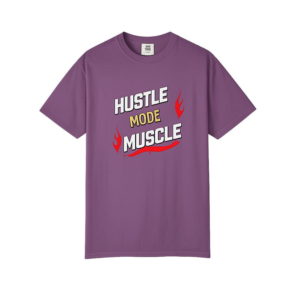 Camiseta Hustle Mode Muscle de Printify, camiseta motivacional para gimnasio, con diseño de texto en tela negra.