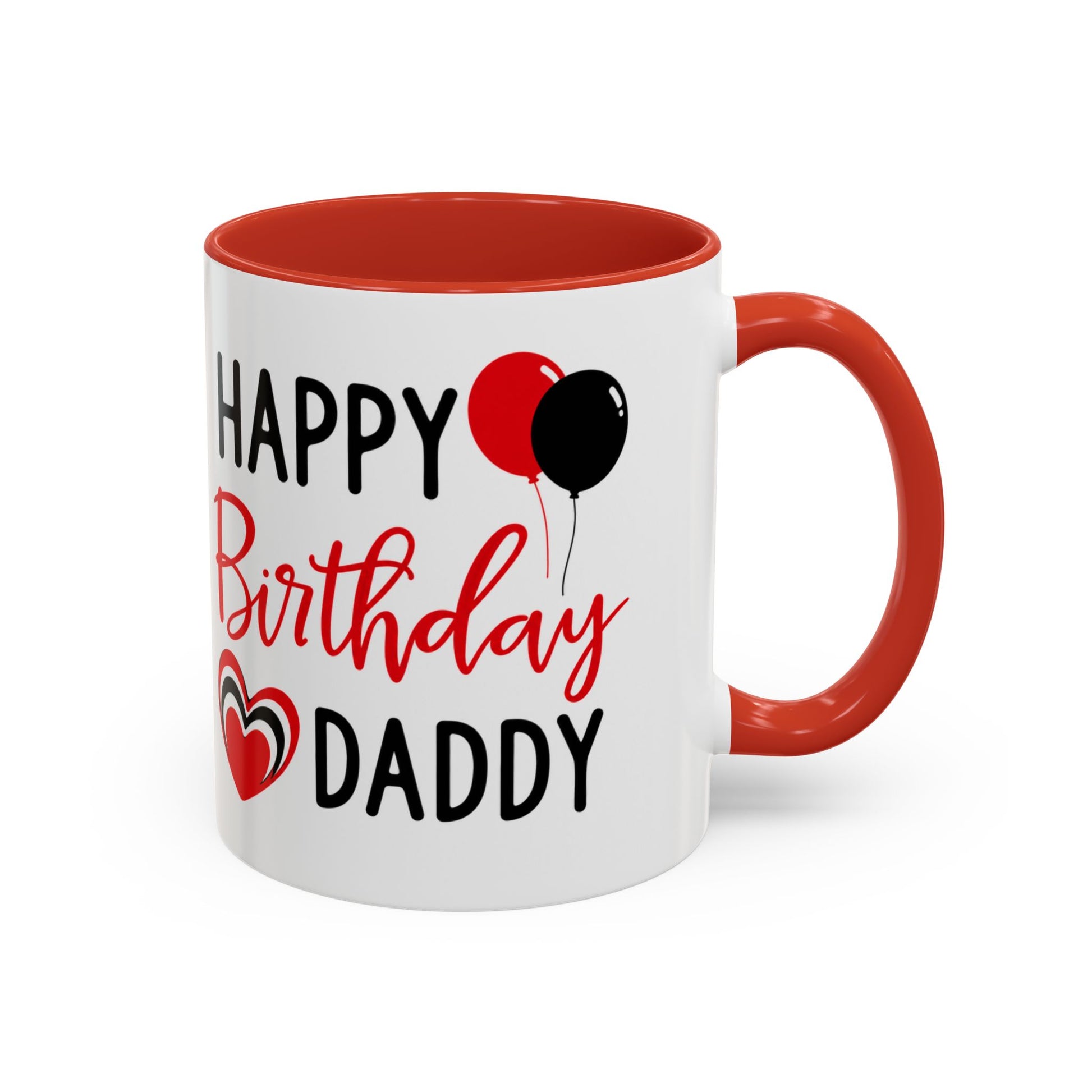 Taza de café Happy Birthday Daddy con globos rojos y negros y corazón, de 11 oz, diseño colorido y festivo.