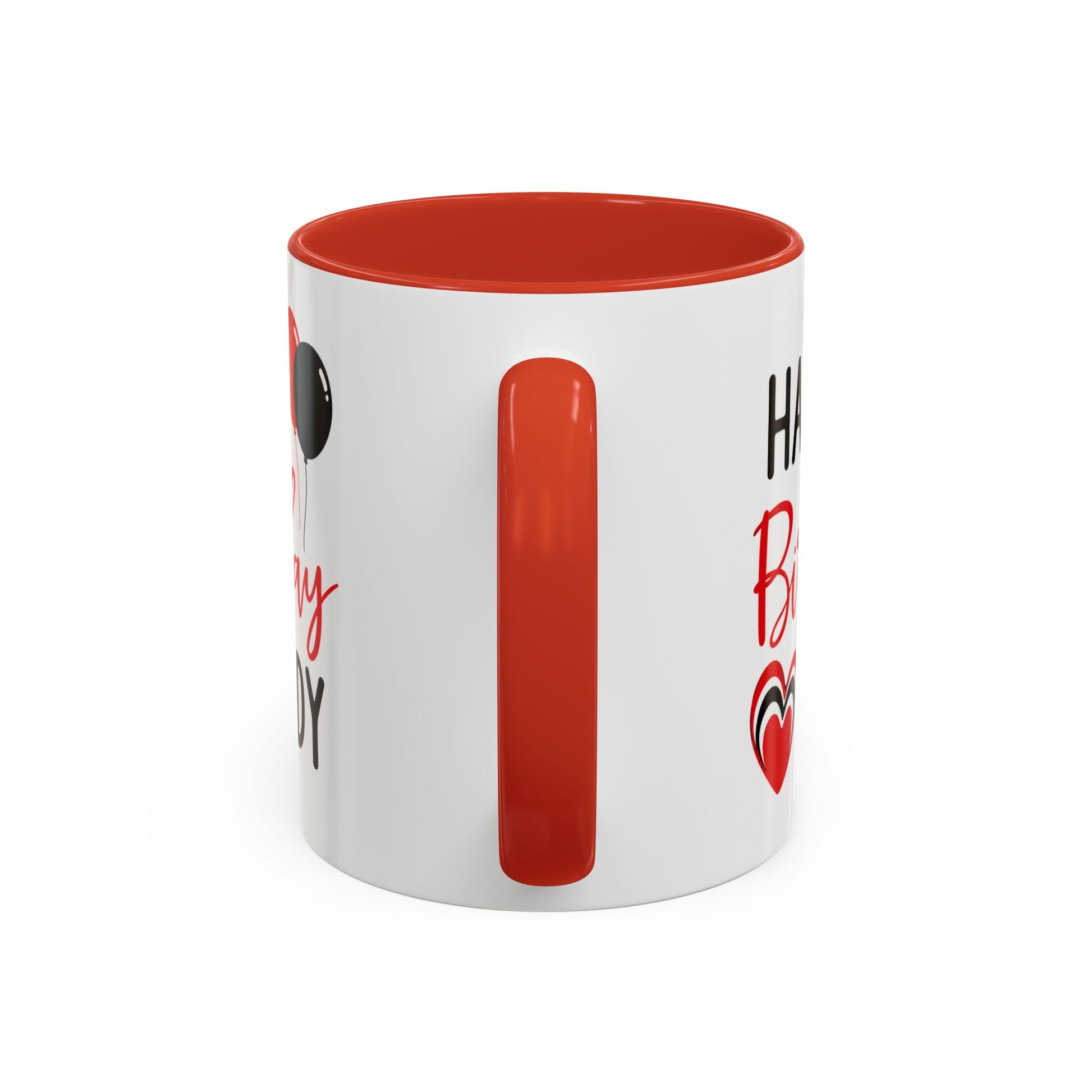 Taza de café Happy Birthday Daddy de Printify con globos rojos y negros, y corazón, en tamaño de 11/15 oz.