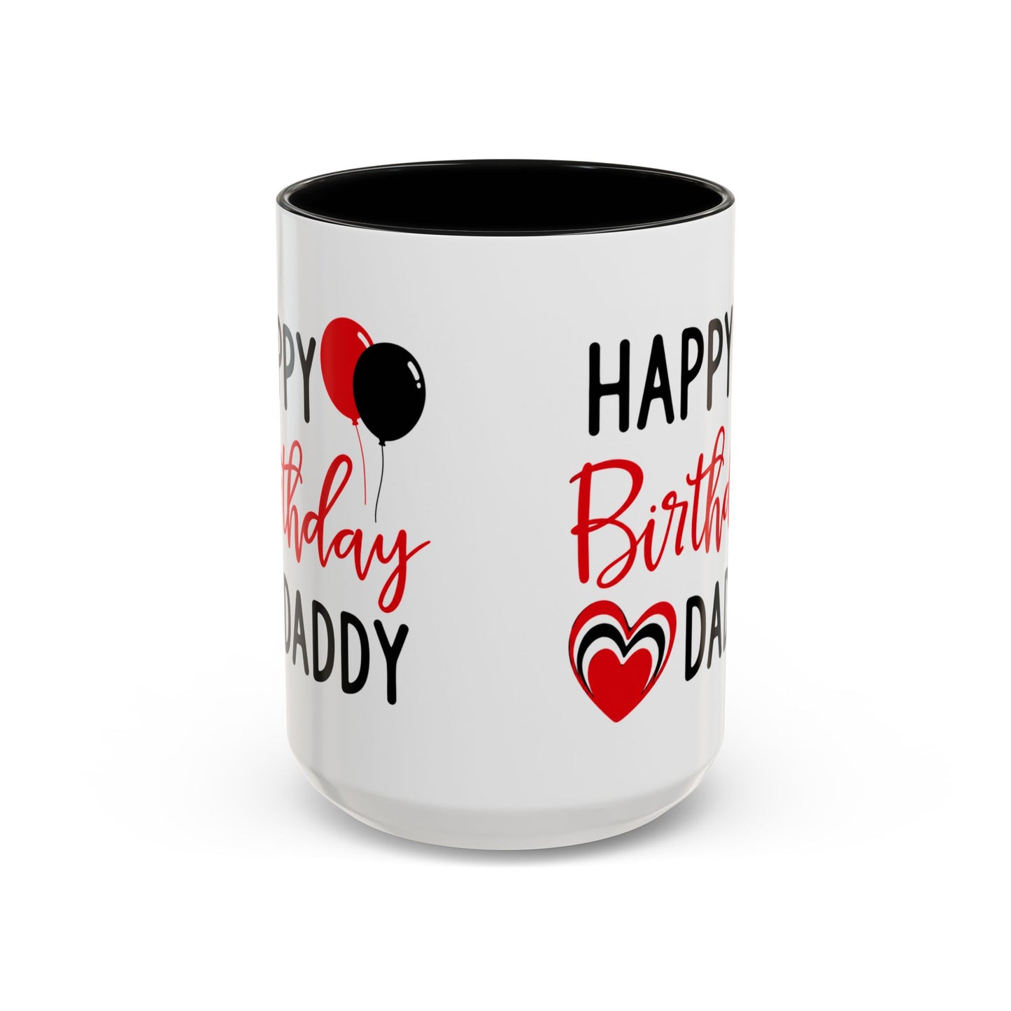 Taza de café Happy Birthday Daddy de Printify con globos rojos y negros, corazón, en colores rojo y negro, 11/15 oz.