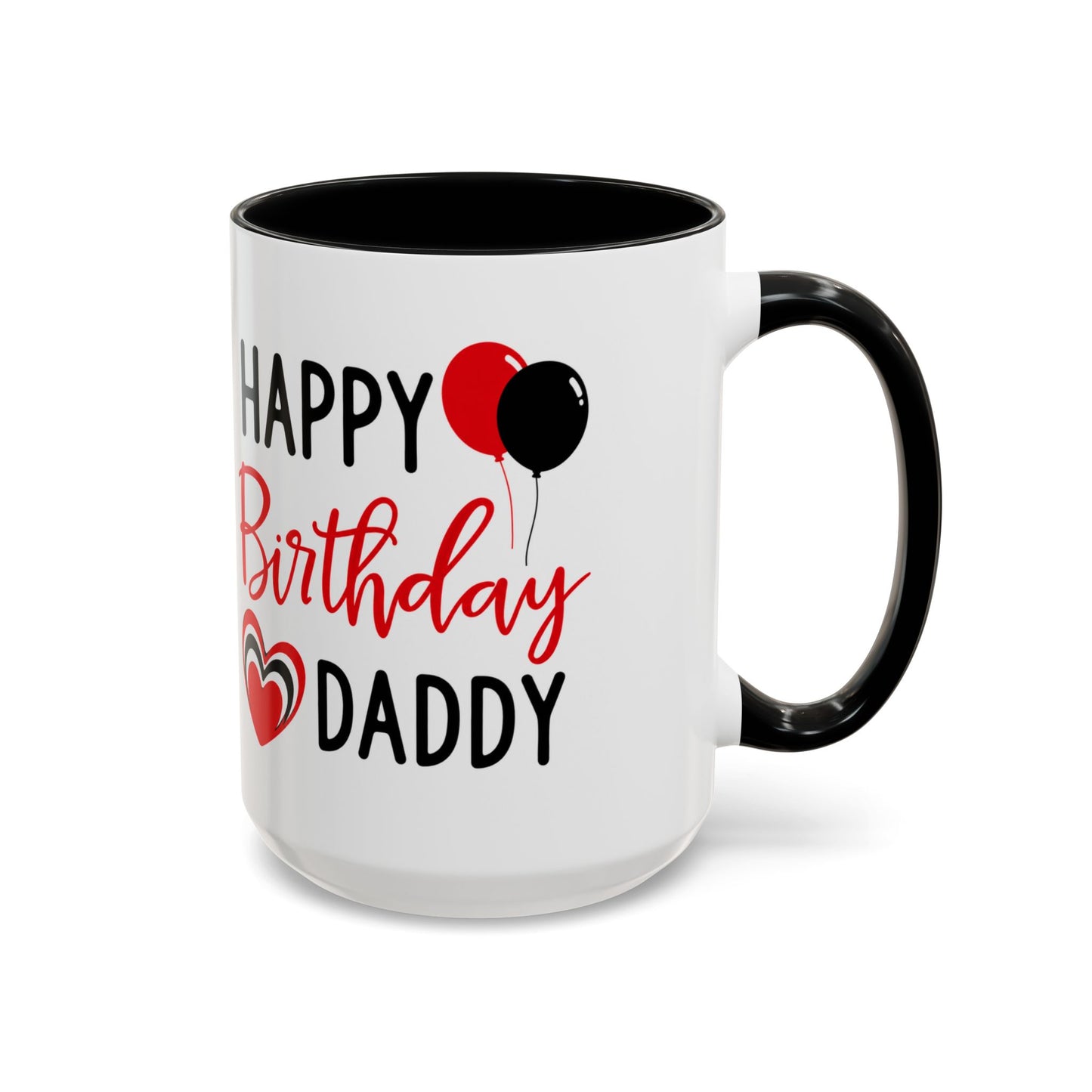 Taza de café Happy Birthday Daddy con globos rojos y negros, corazón, de 11 oz, en color rojo y negro.