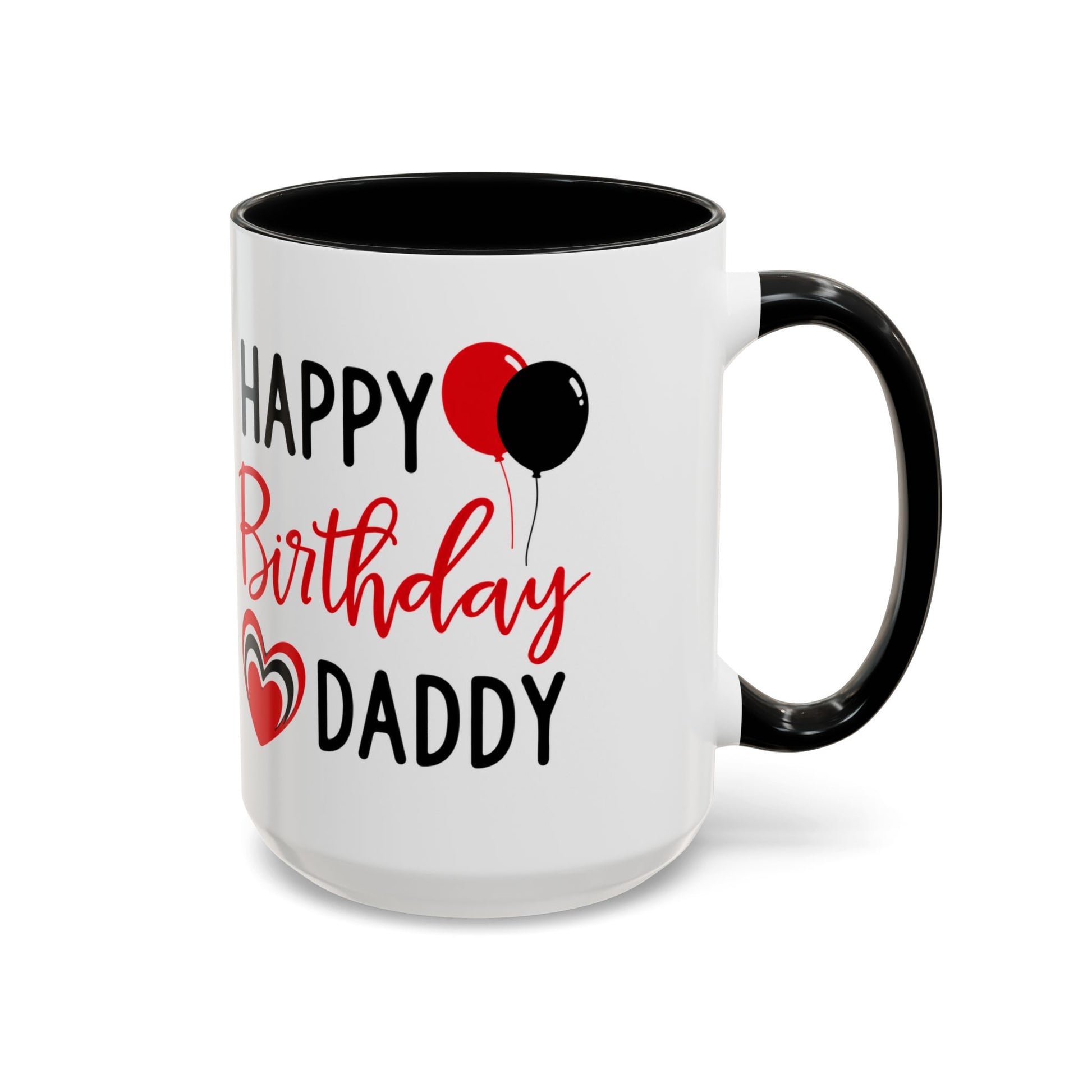 Taza de café Happy Birthday Daddy con globos rojos y negros, corazón, de 11 oz, en color rojo y negro.