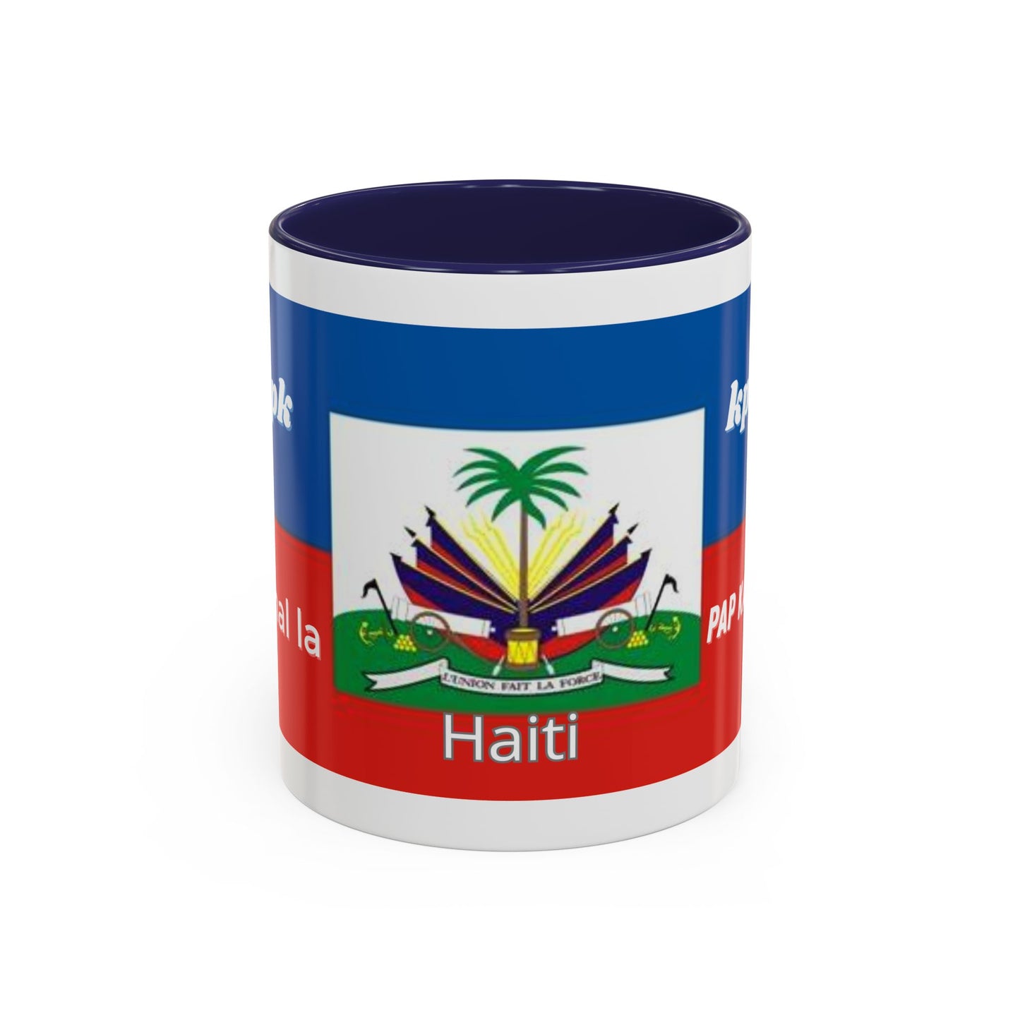 Taza de cerámica con diseño de canal de café haitiano KPK La Pap Kanpe, ideal para té, café y decoraciones de cocina.