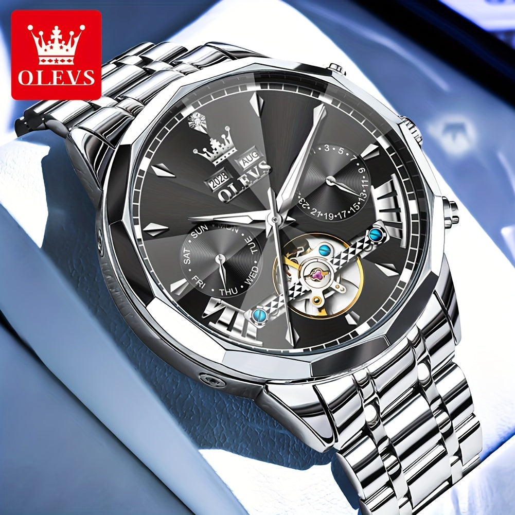 Reloj de hombre de lujo OLEVS, automático, de acero inoxidable, con esfera luminosa y estilo clásico.