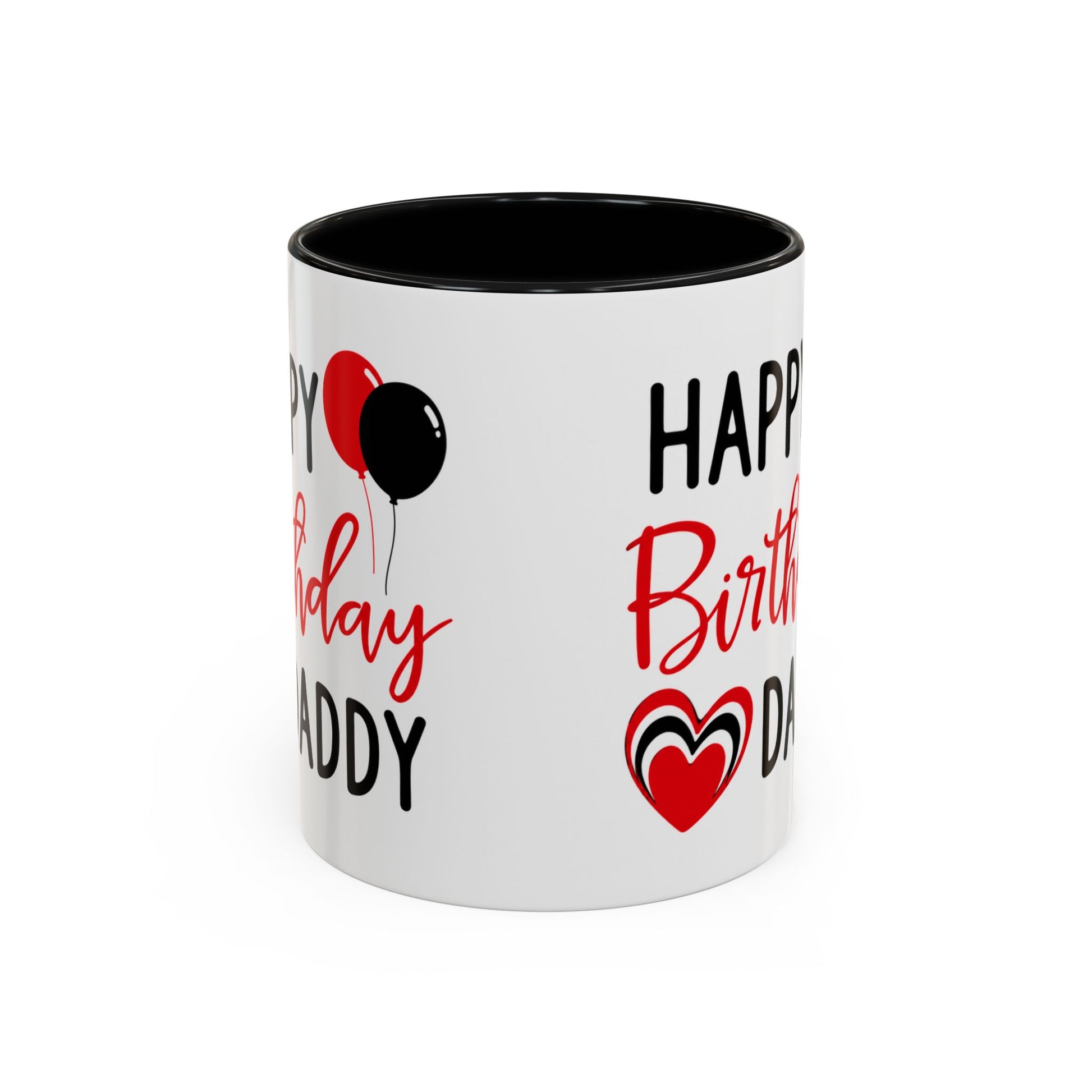 Taza de café Happy Birthday Daddy con globos rojos y negros, corazón, en colores rojo y negro, tamaño de 11 oz o 15 oz.