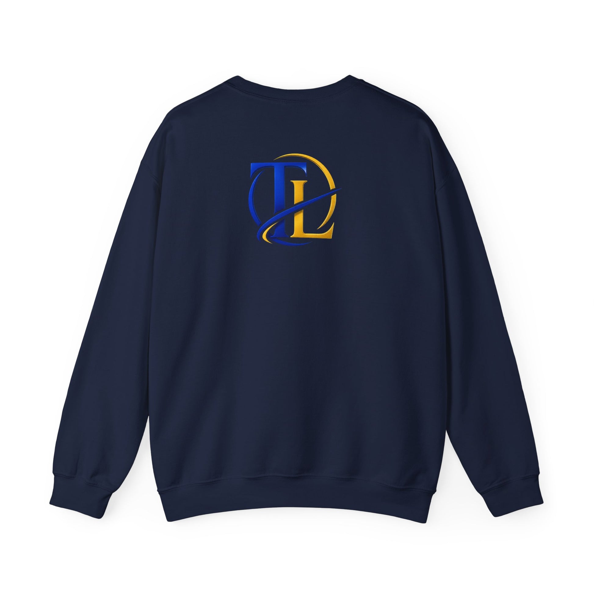 Sudadera azul con monograma dorado TL de Printify, camiseta de manga larga y diseño elegante en el centro.