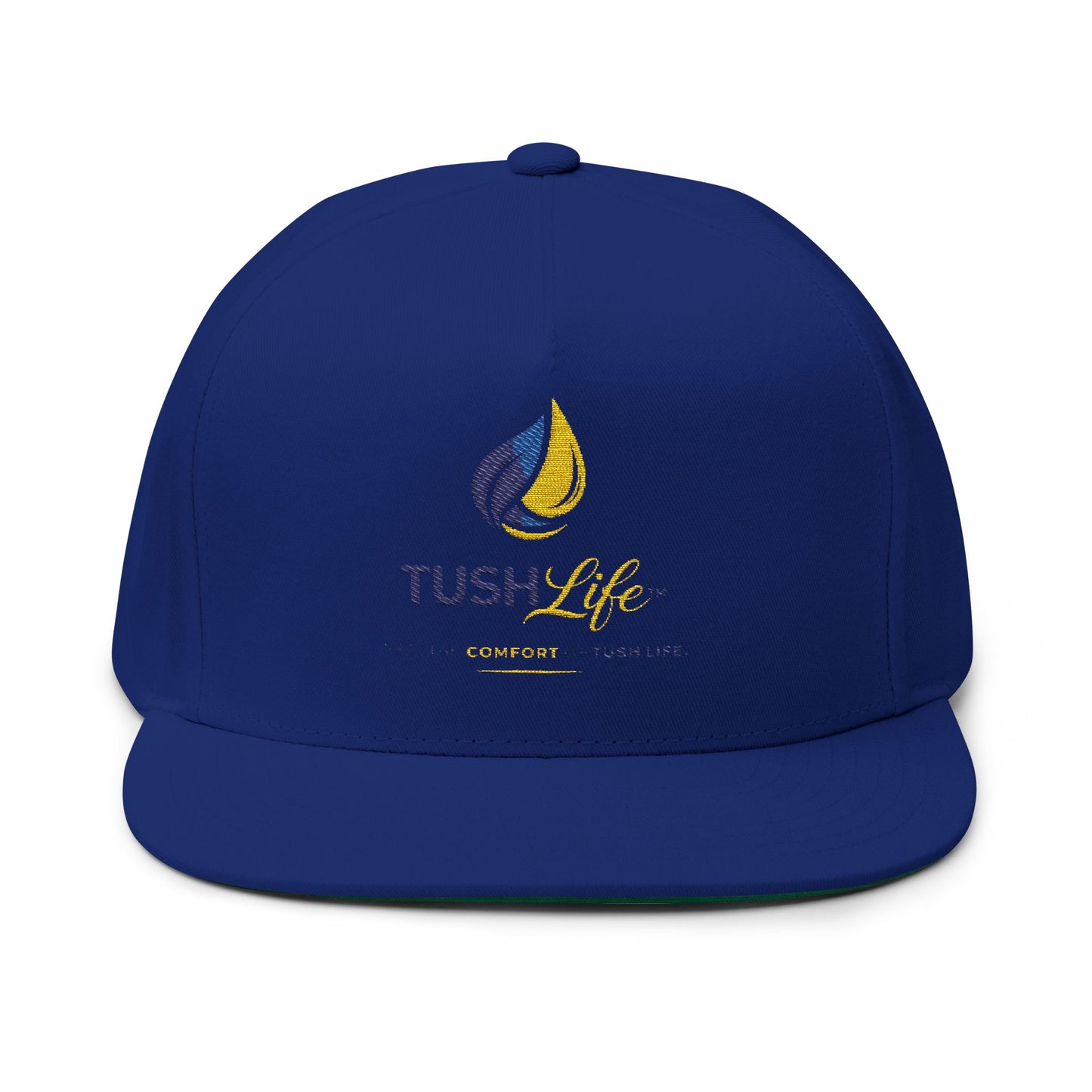 Gorra plana con logo de llama amarilla y cierre ajustable, sombrero tipo snapback de Printify con bordado en la parte frontal.