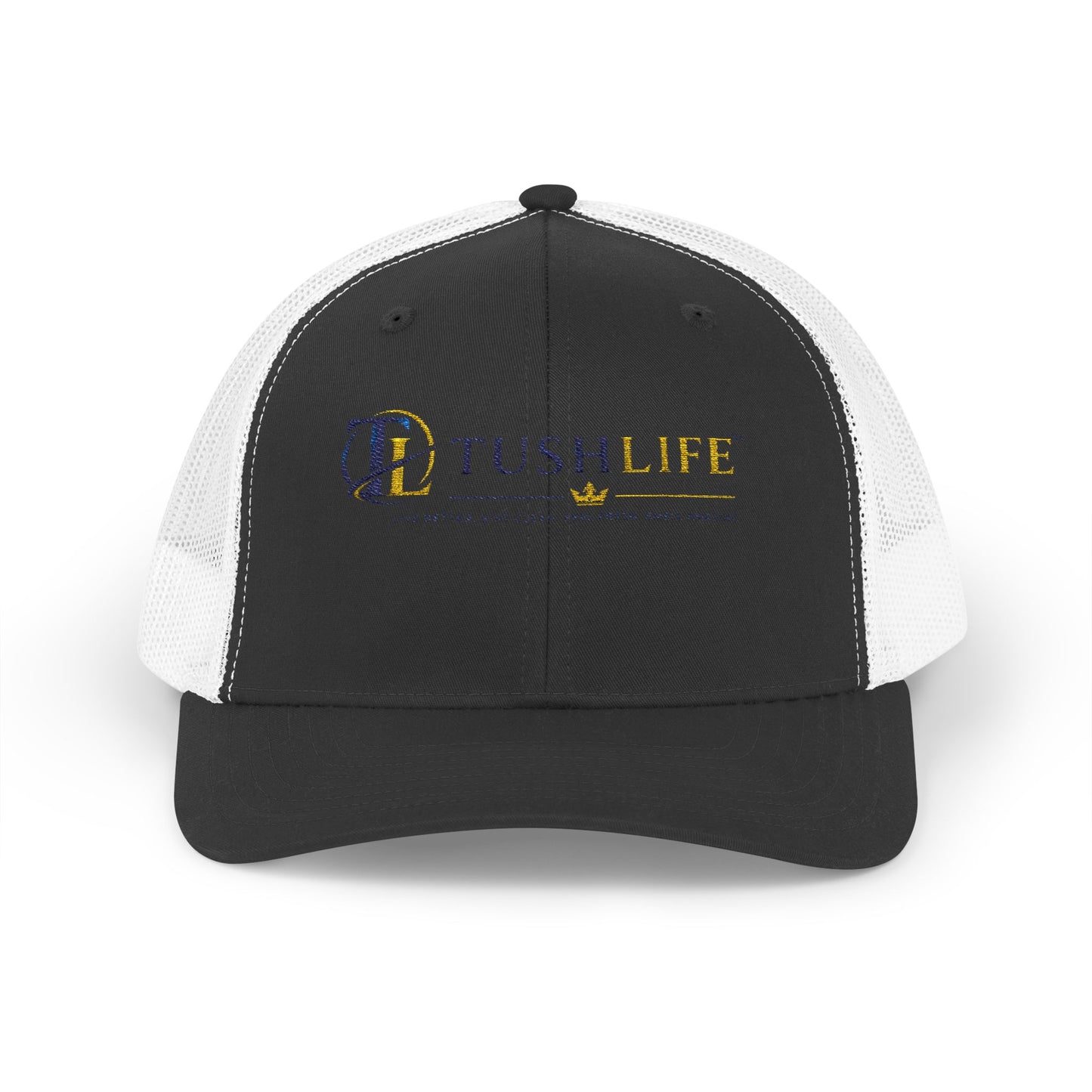 Gorra trucker TushLife Flame Snapback de malla con logotipo de llama en la parte frontal, estilo sombrero de camionero.