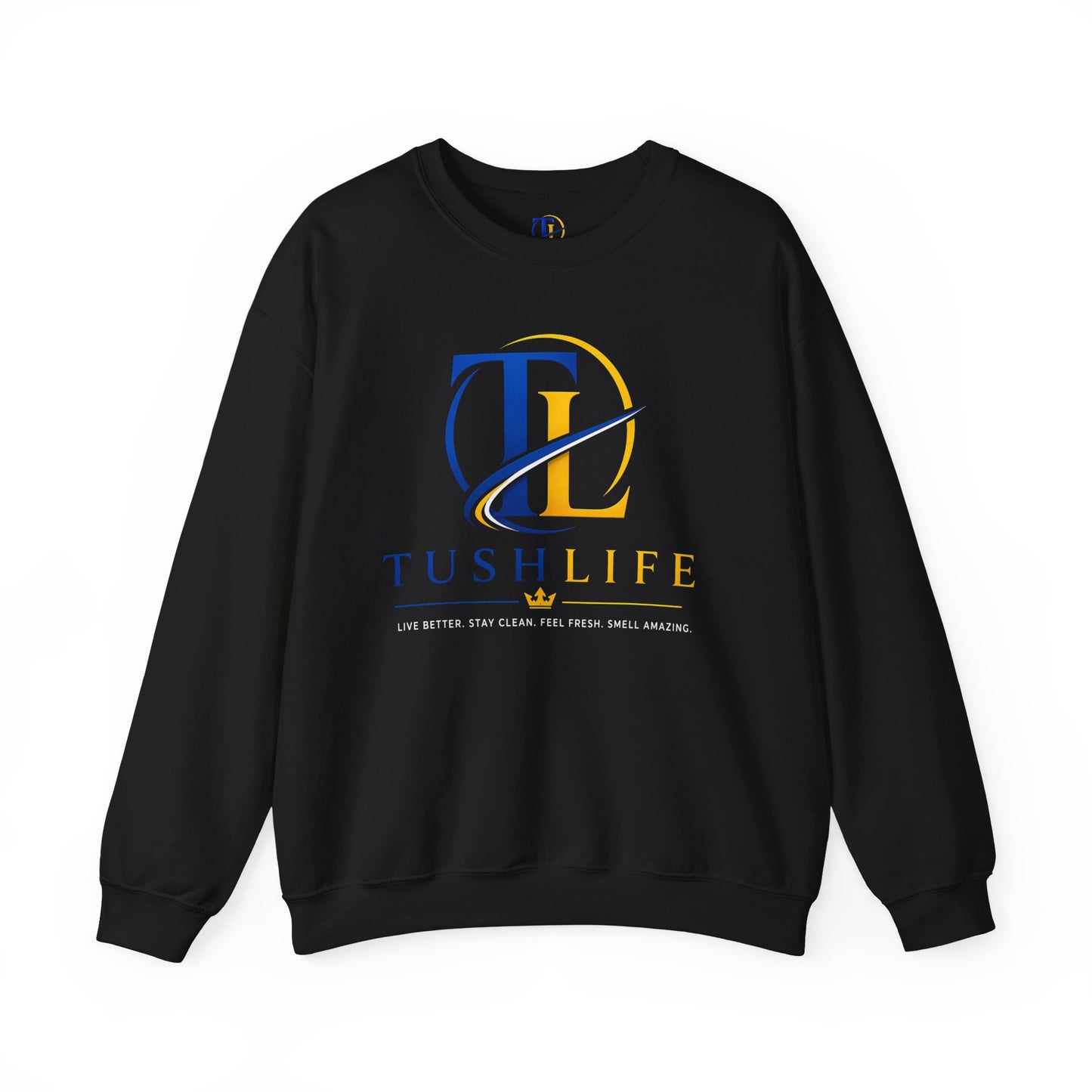 Sudadera azul Gold TL Monogram de Printify, con diseño de logotipo en el pecho, en tela cómoda y de corte relajado.