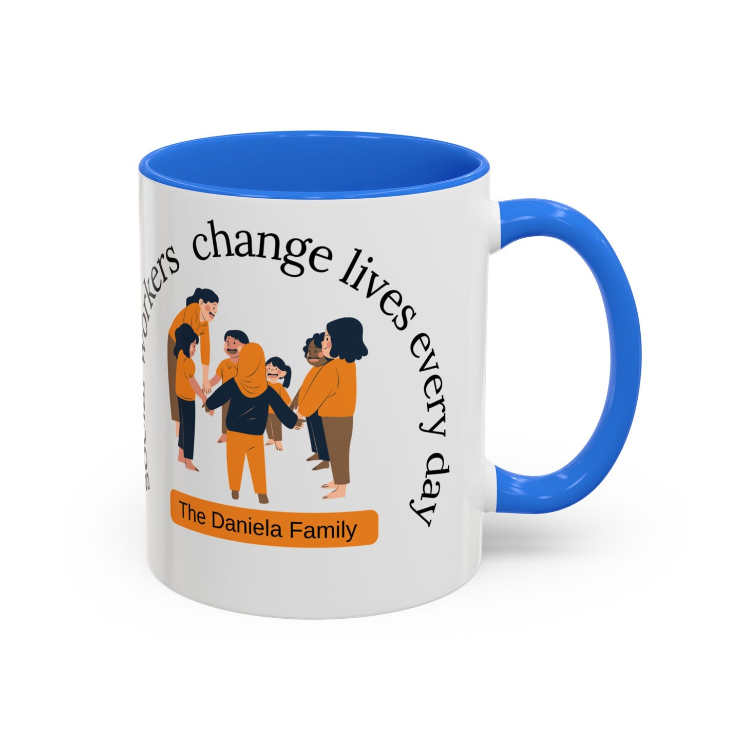 Taza de cerámica para trabajadores sociales con mensaje "Social Workers Change Lives" en tamaños de 11oz y 15oz, en fondo blanco.