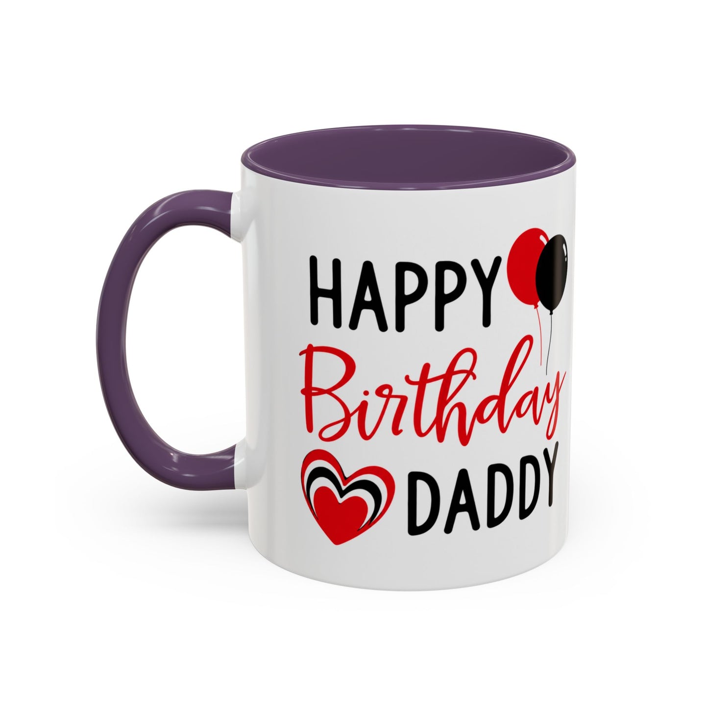 Taza de café Happy Birthday Daddy con globos rojos y negros, corazón, en tamaño de 11 oz de Printify.
