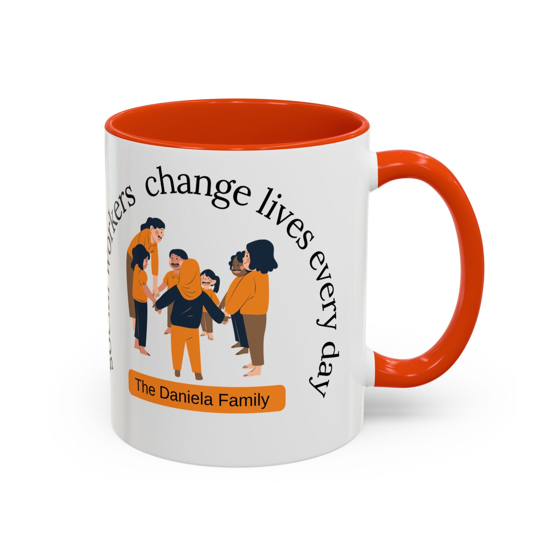 Taza de cerámica para trabajadores sociales con mensaje "Social Workers Change Lives", en tamaños de 11 oz y 15 oz, marca Printify.