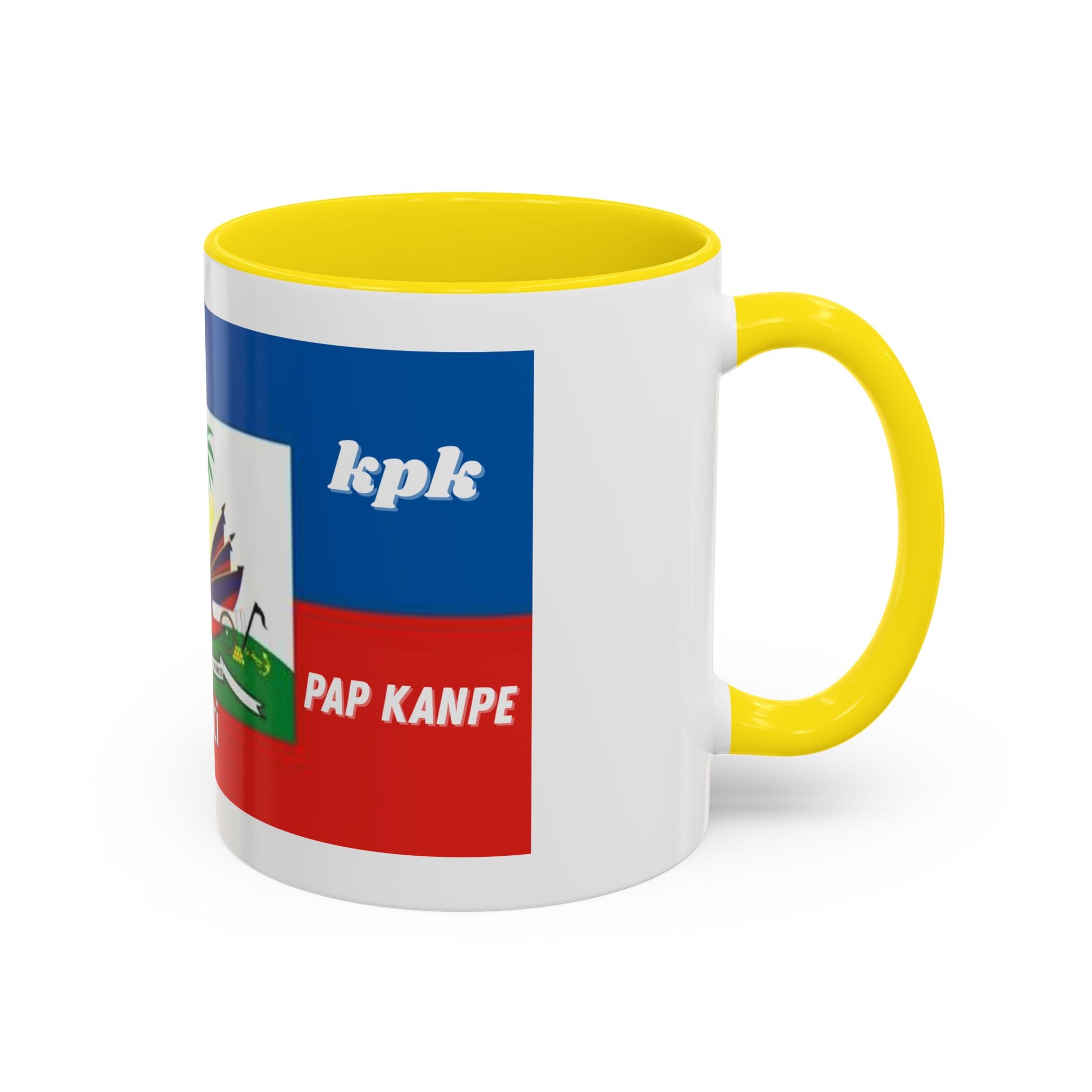 Taza de cerámica con diseño haitiano KPK Kanal La Pap Kanpe, ideal para café o té, decoración de cocina y oficina.