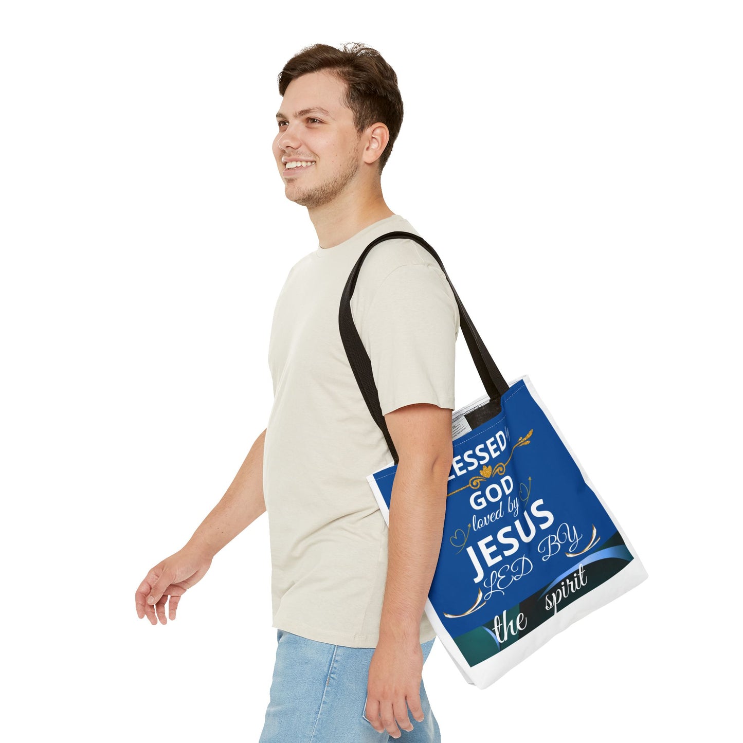 Bolso de mano inspirador de la marca Printify con mensaje religioso "Trusting God In All Of It" y detalles en tela.