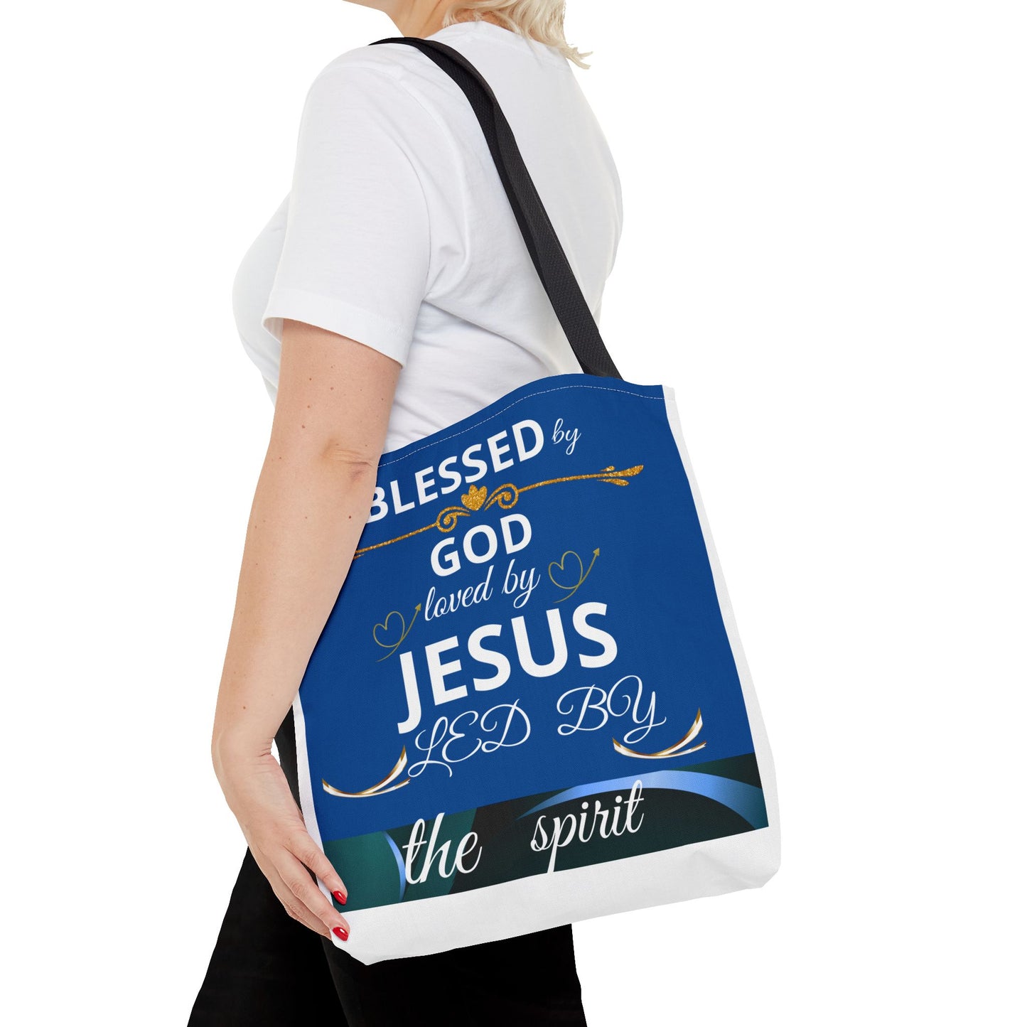 Bolso de mano cristiano para mamá con mensaje inspirado en confiar en Dios, agradecida y bendecida, bolso religioso de Printify.