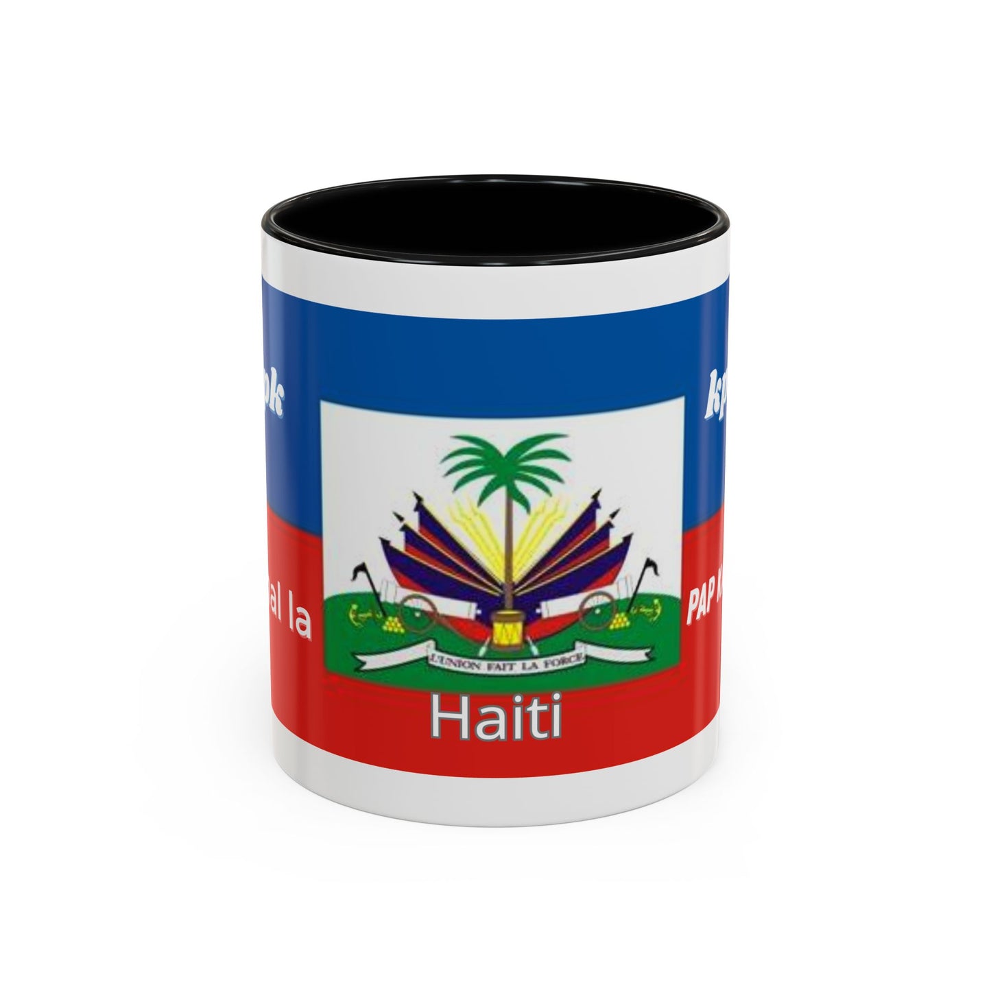 Taza de cerámica de café haitiano KPK Kanal La Pap Kanpe con diseño único, ideal para té, bebidas calientes y decoración de cocina.