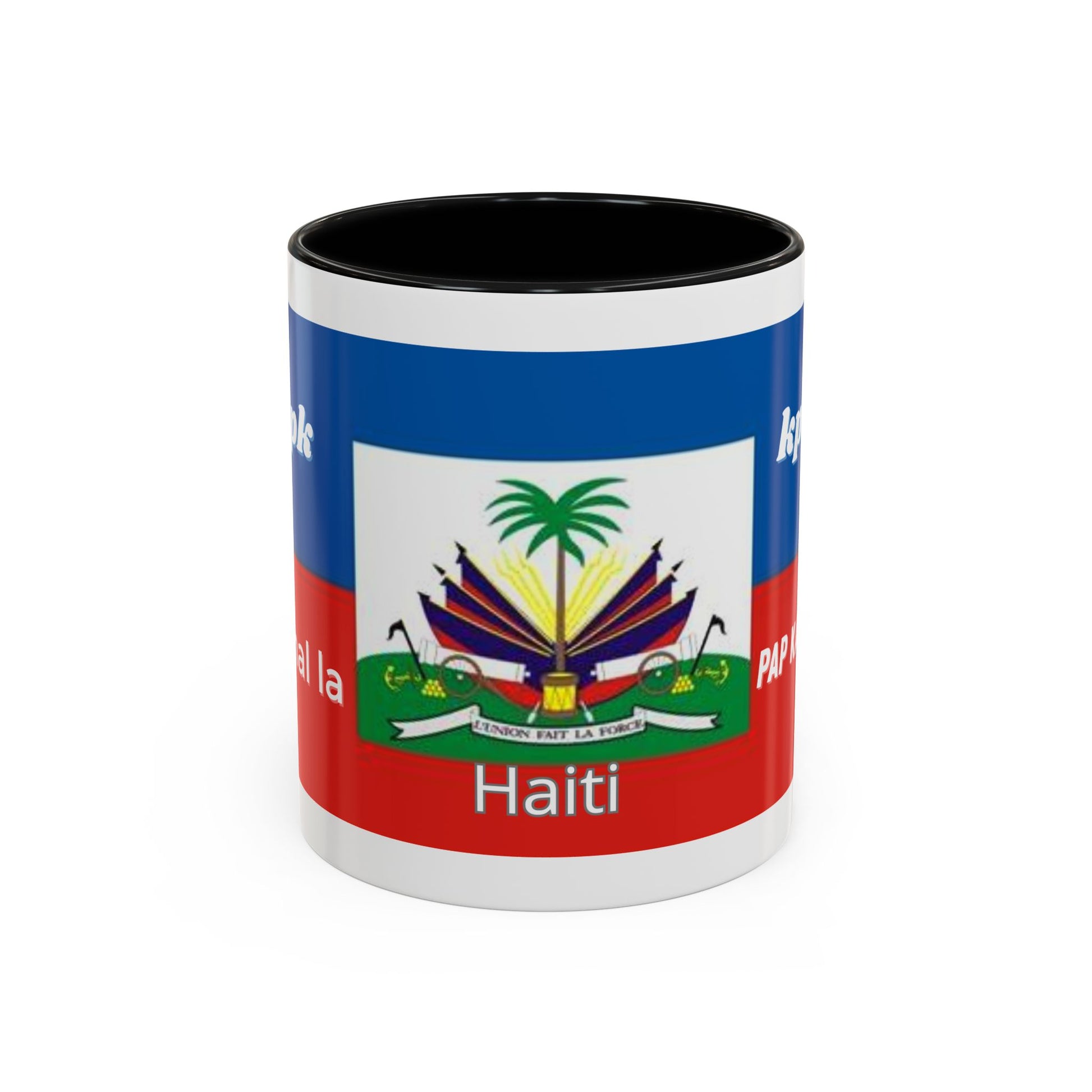 Taza de cerámica de café haitiano KPK Kanal La Pap Kanpe con diseño único, ideal para té, bebidas calientes y decoración de cocina.
