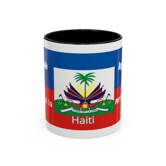 Taza de cerámica de café haitiano KPK Kanal La Pap Kanpe con diseño único, ideal para té, bebidas calientes y decoración de cocina.