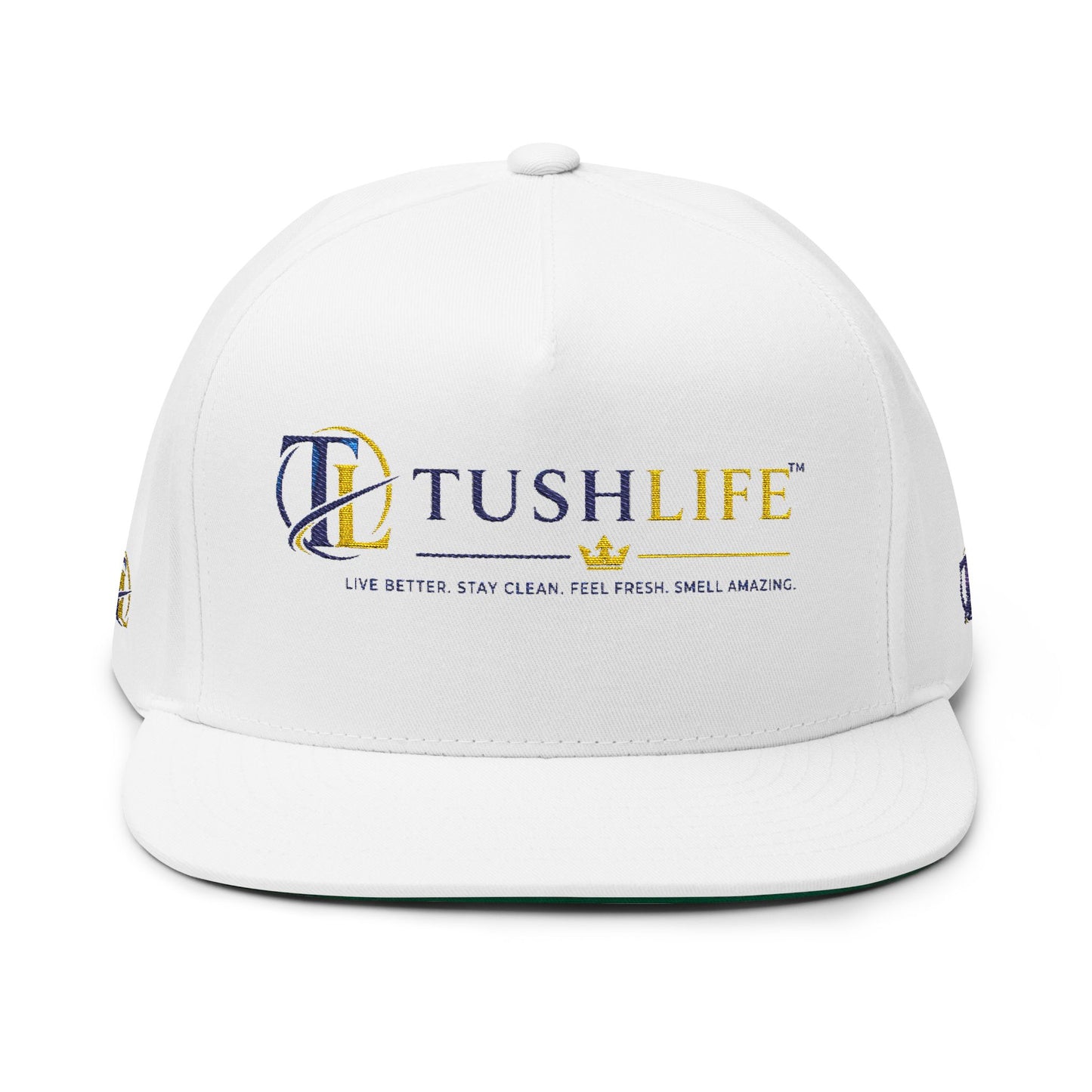 Gorra trucker TushLife con bordado de llamas, malla y cierre snapback, estilo casual y moderno, marca Printify.