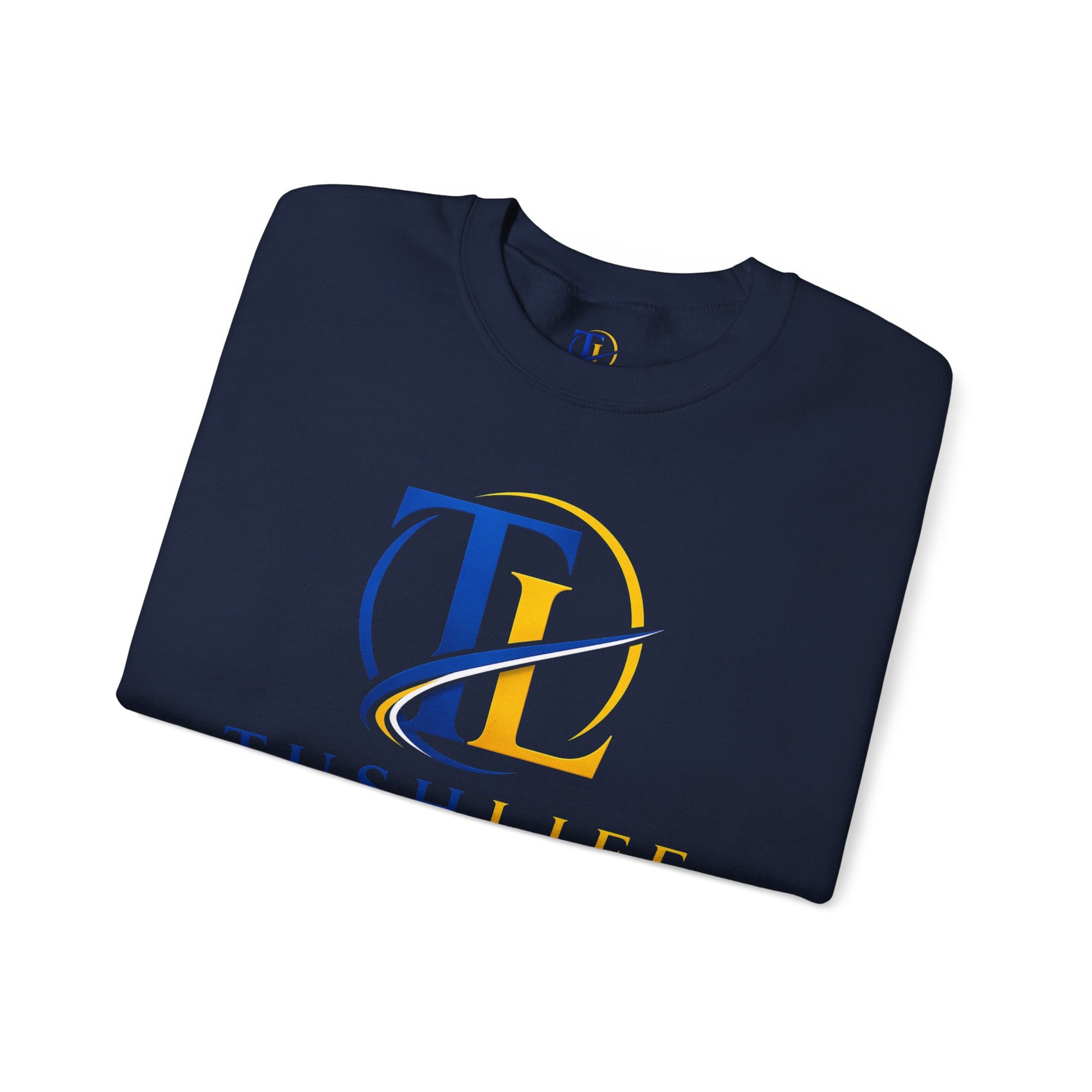Sudadera azul Gold TL Monogram de Printify con diseño de logotipo en el pecho, tela suave y corte cómodo para uso casual.