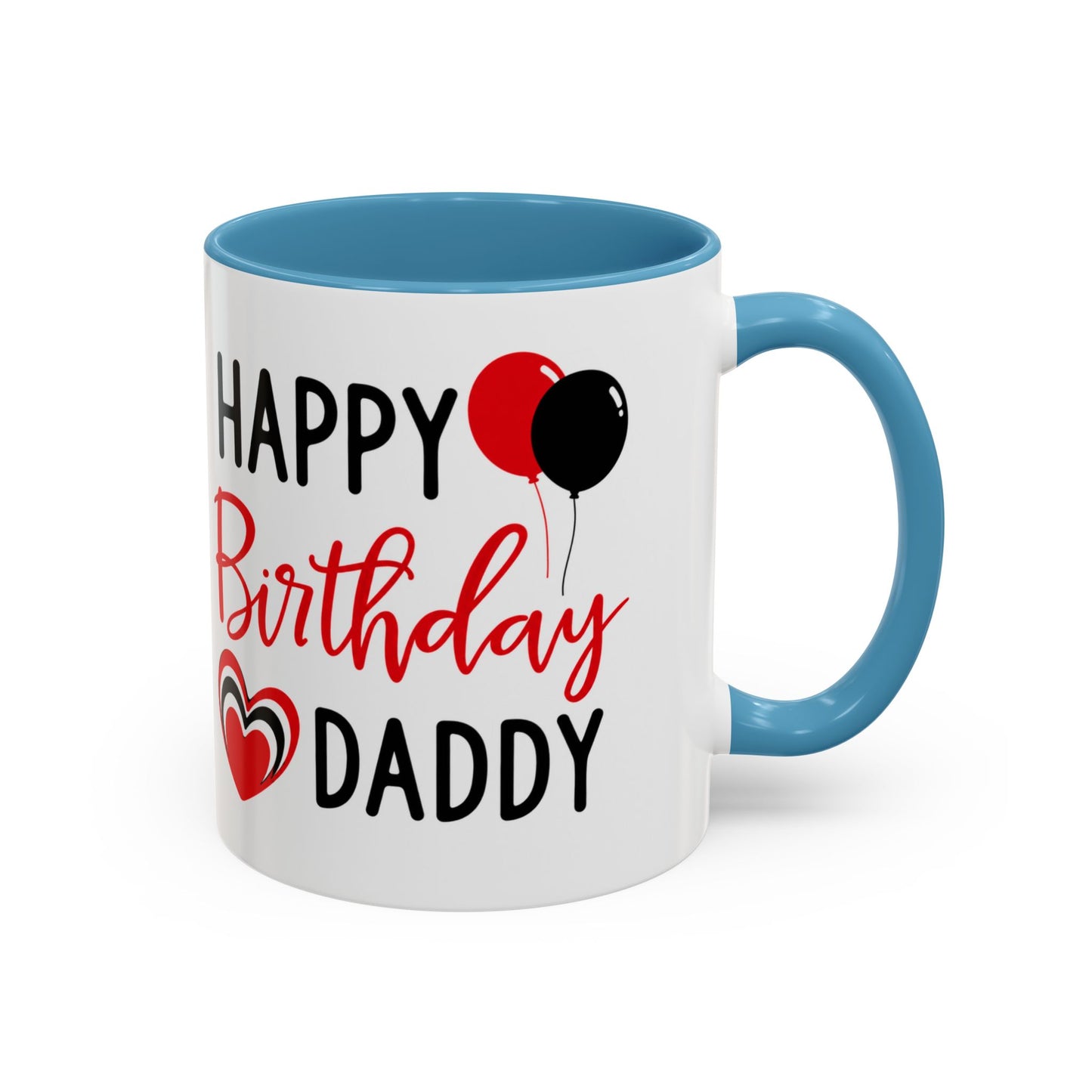 Taza de café Happy Birthday Daddy con globos rojos y negros, corazón, en color rojo y negro, de 11/15 oz, impresión Printify