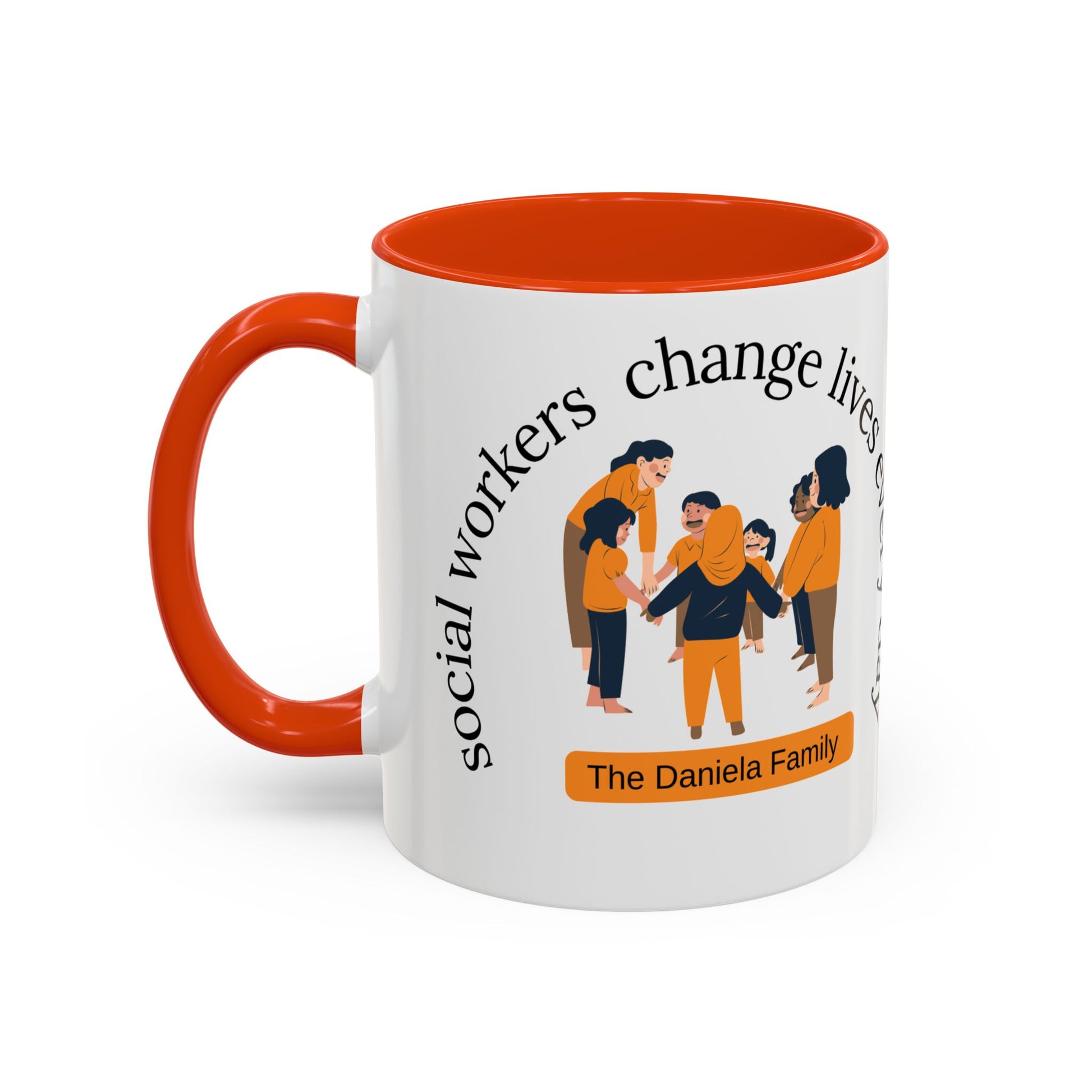 Taza de cerámica de 11oz o 15oz con diseño que dice "Social Workers Change Lives", de la marca Printify, vista de frente