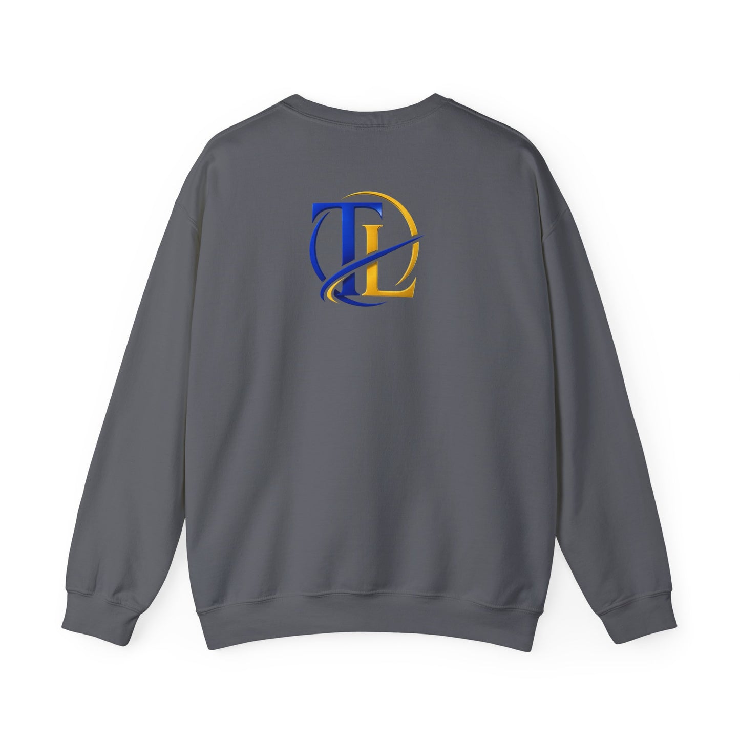 Sudadera azul Gold TL Monogram de TushLife con diseño de logotipo en el centro, tela suave y ajuste cómodo.