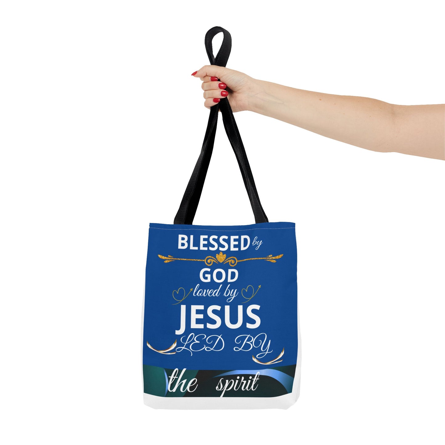 Bolso de mano cristiano para madres con mensaje inspirador "Confiando en Dios en todo" en estilo religioso y agradecido.