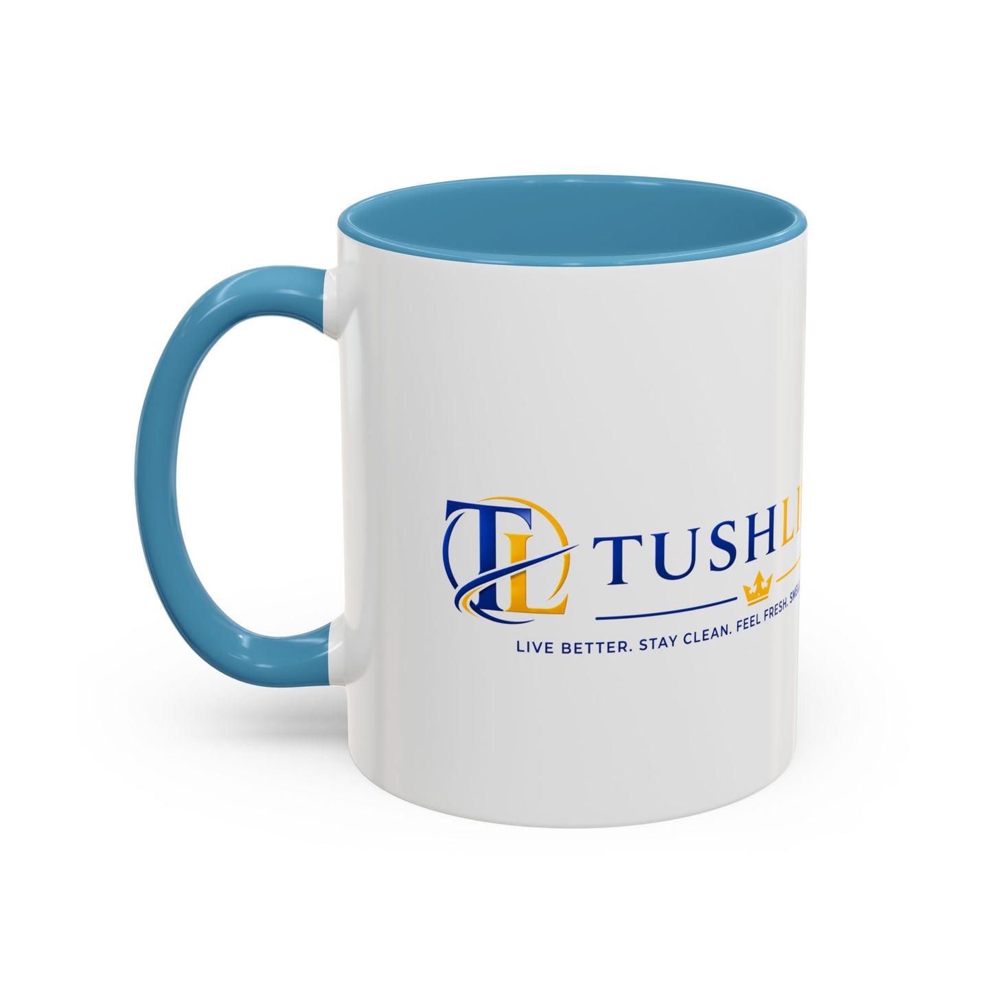 Taza de cerámica TUSHLIFE premium de 11oz y 15oz con diseño elegante, marca Printify, vista frontal en color blanco con asa.