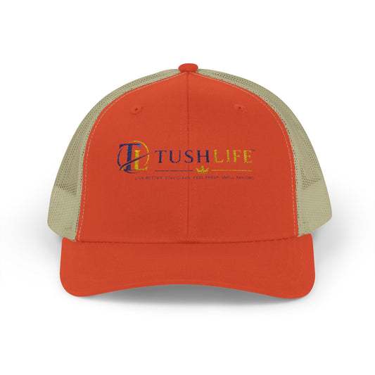 Gorra trucker TushLife Flame Snapback de malla con logotipo de llamas, estilo casual y moderno, marca Printify.