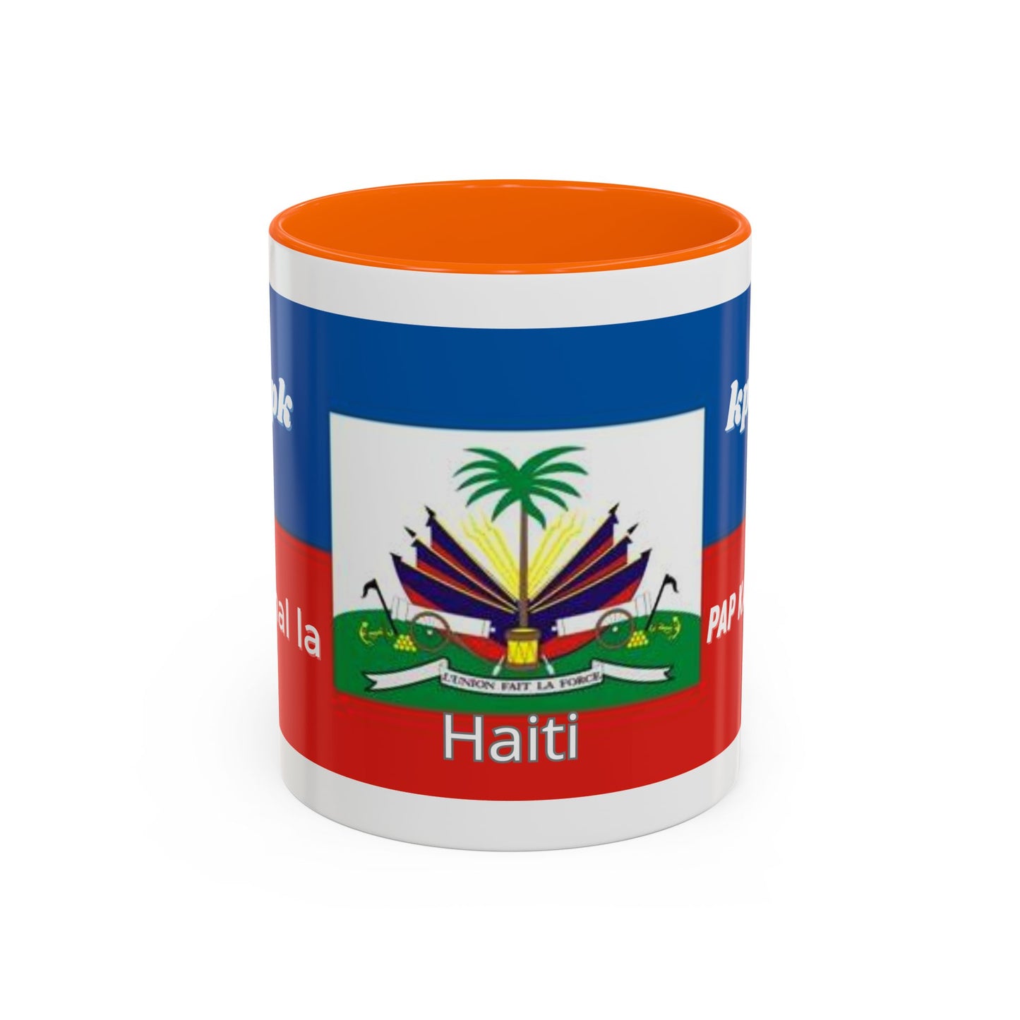 Taza de cerámica de café haitiano KPK Kanal La Pap Kanpe con diseño único, ideal para té, café caliente y decoración de cocina u oficina.