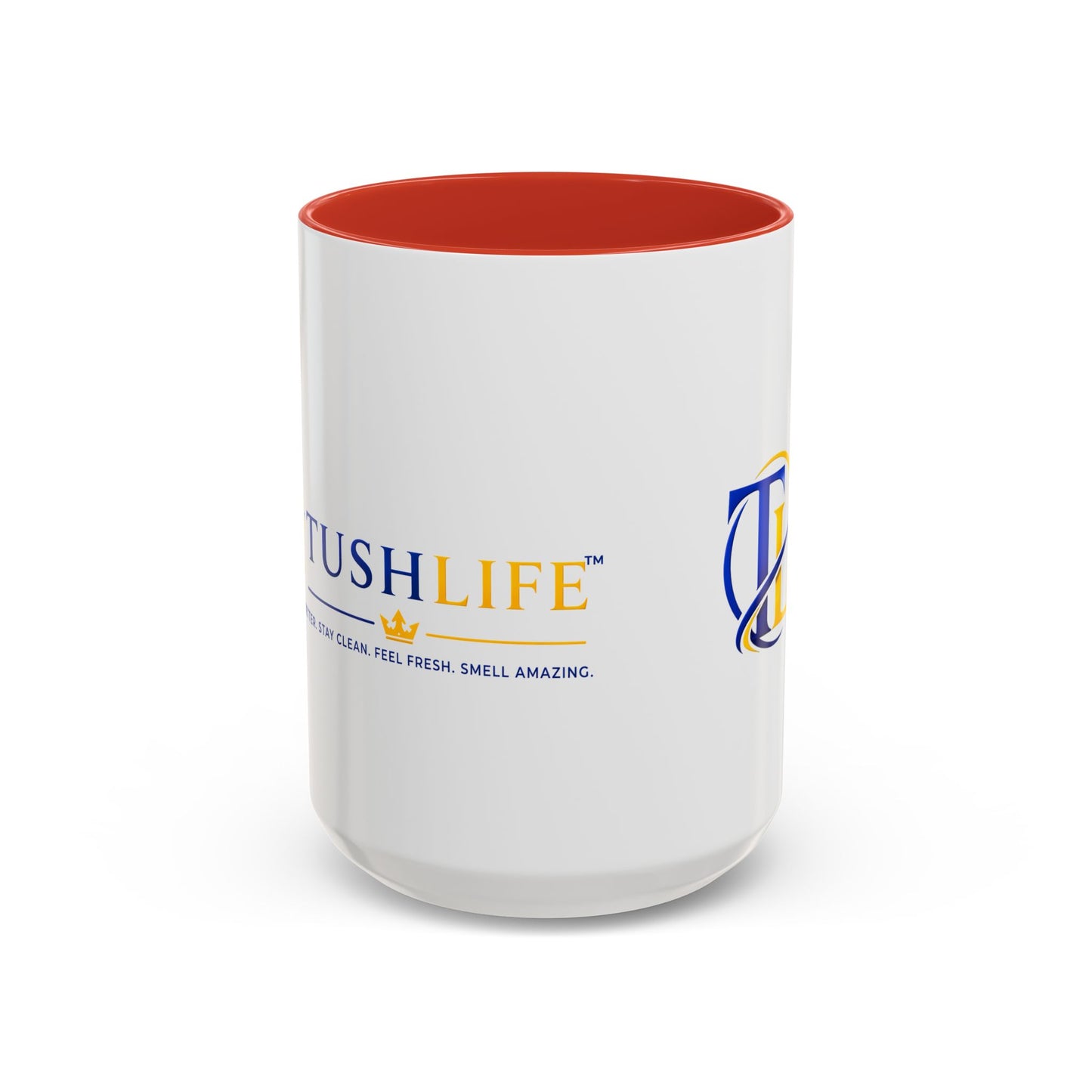 Taza de café de cerámica premium TUSHLIFE de 11oz y 15oz con diseño elegante, de la marca Printify, en color blanco.
