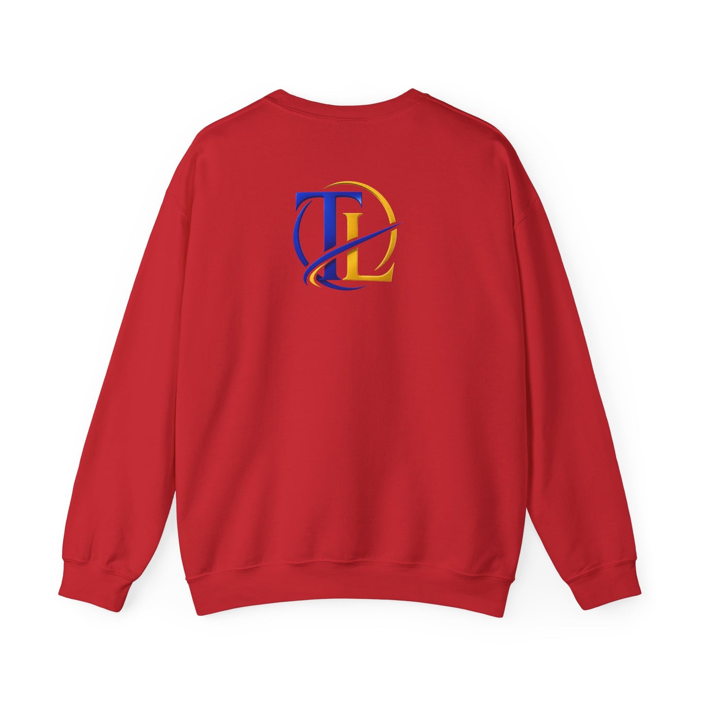 Sudadera azul Gold TL Monogram de Printify, con diseño de logotipo en el pecho y cuello redondo, hecha de algodón cómodo.