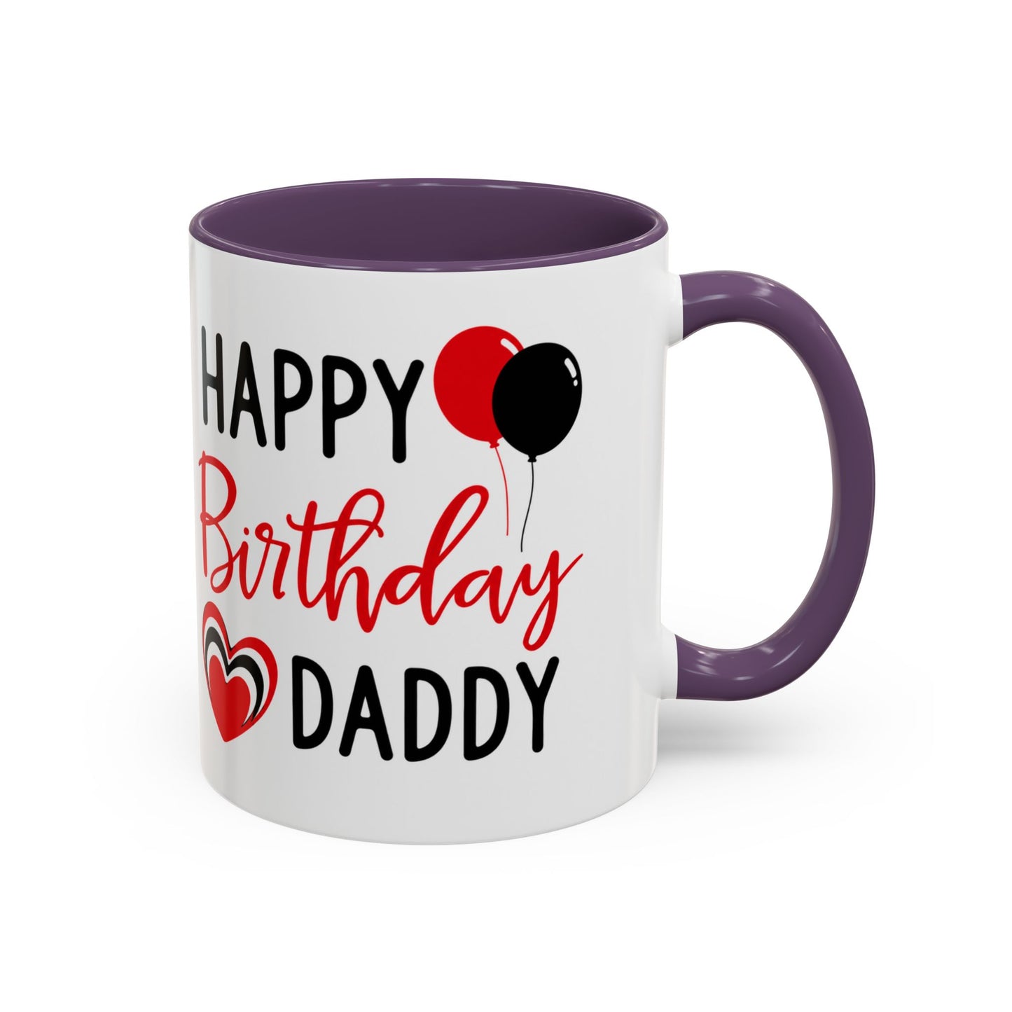 Taza de café Happy Birthday Daddy con globos rojos y negros, corazón en color rojo, capacidad de 11 oz, impresión de Printify
