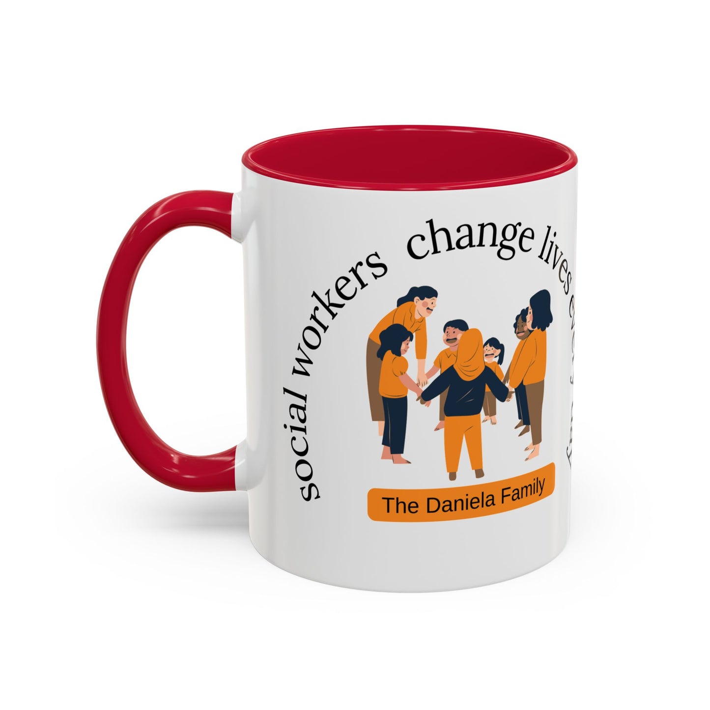 Taza de cerámica de 11 oz o 15 oz con diseño que dice "Los trabajadores sociales cambian vidas" en colores vivos.