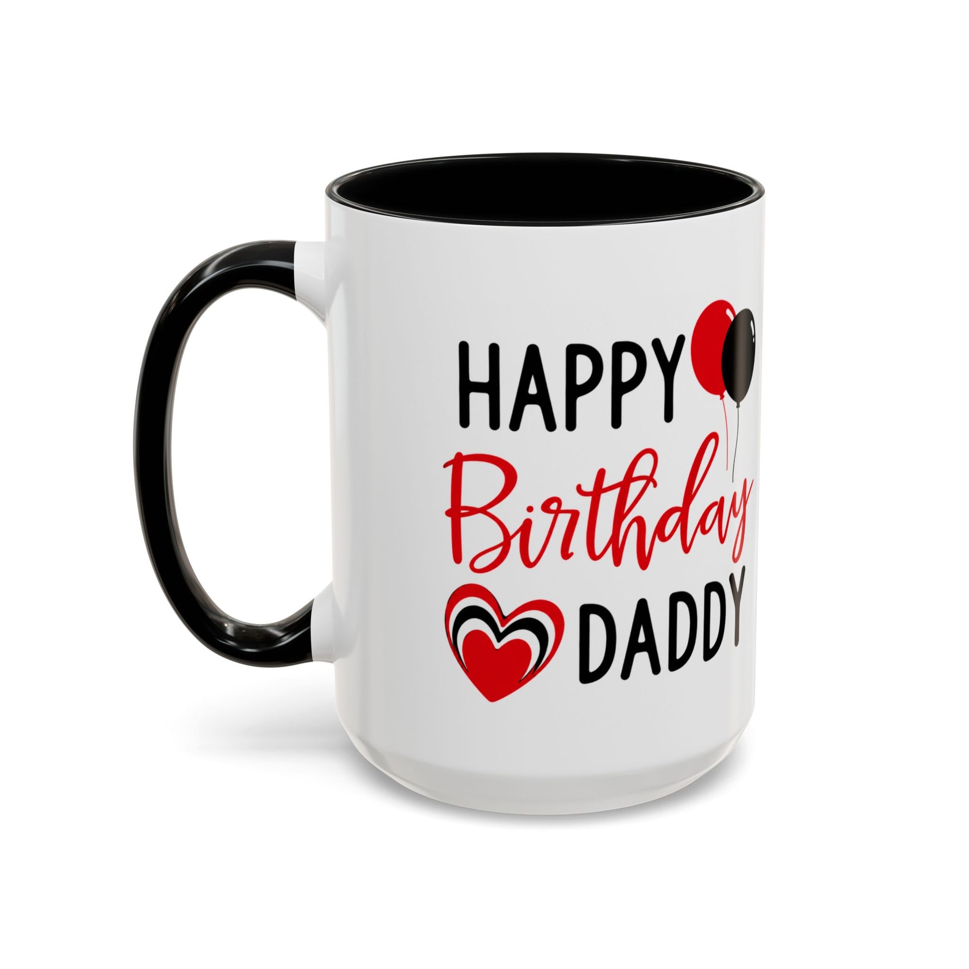 Taza de café Happy Birthday Daddy en rojo y negro con globos y corazón, de 11 oz, diseño de Printify.