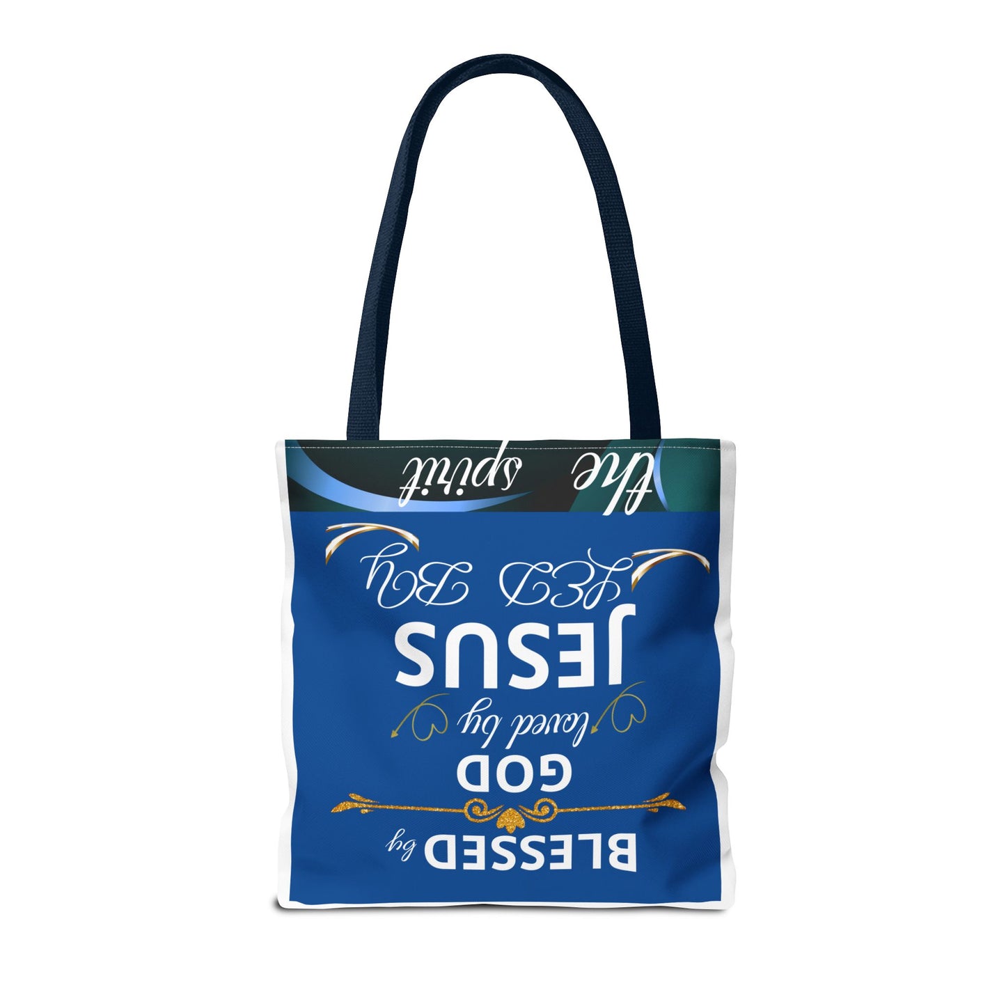 Bolso de mano inspirador para madres cristianas con mensaje de confianza en Dios y gratitud, hecho por Printify.