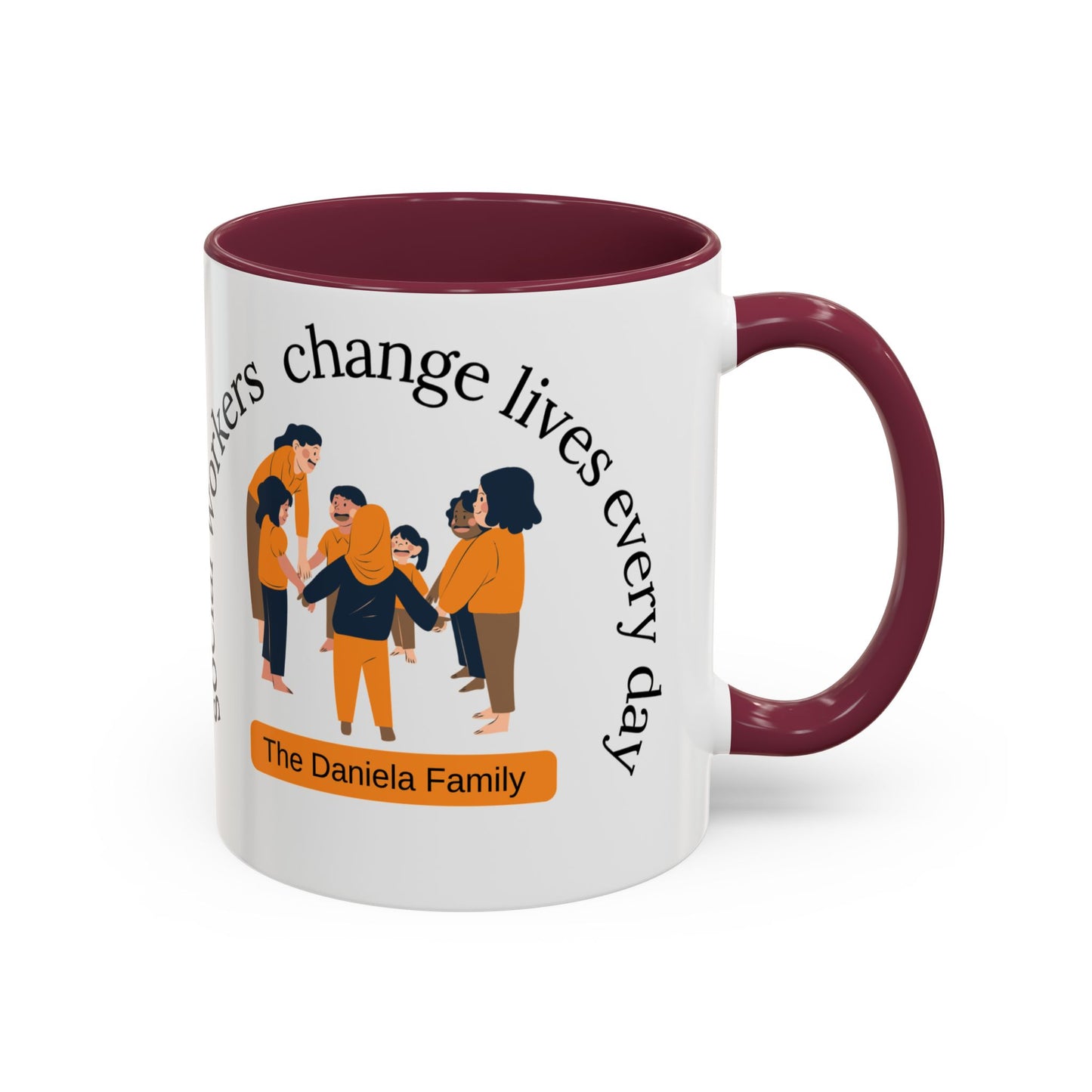 Taza de 11oz o 15oz de Printify con el texto "Social Workers Change Lives" en diseño llamativo y colores vibrantes.