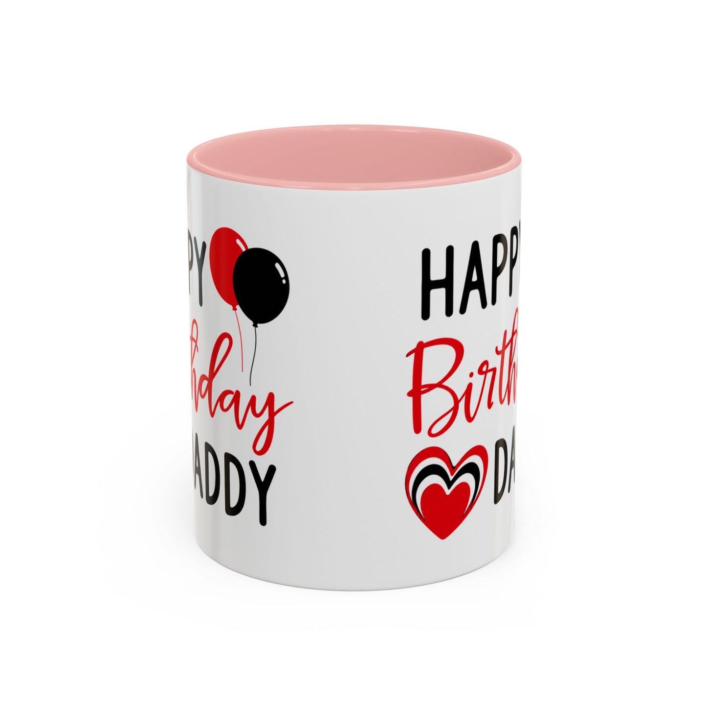 Taza de café Happy Birthday Daddy con globos rojos y negros, corazón, en tamaño de 11 oz, con diseño de Printify