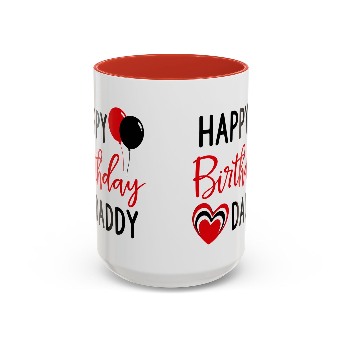 Taza de café Happy Birthday Daddy con globos rojos y negros, corazón, en colores rojo y negro, de 11 oz de Printify.