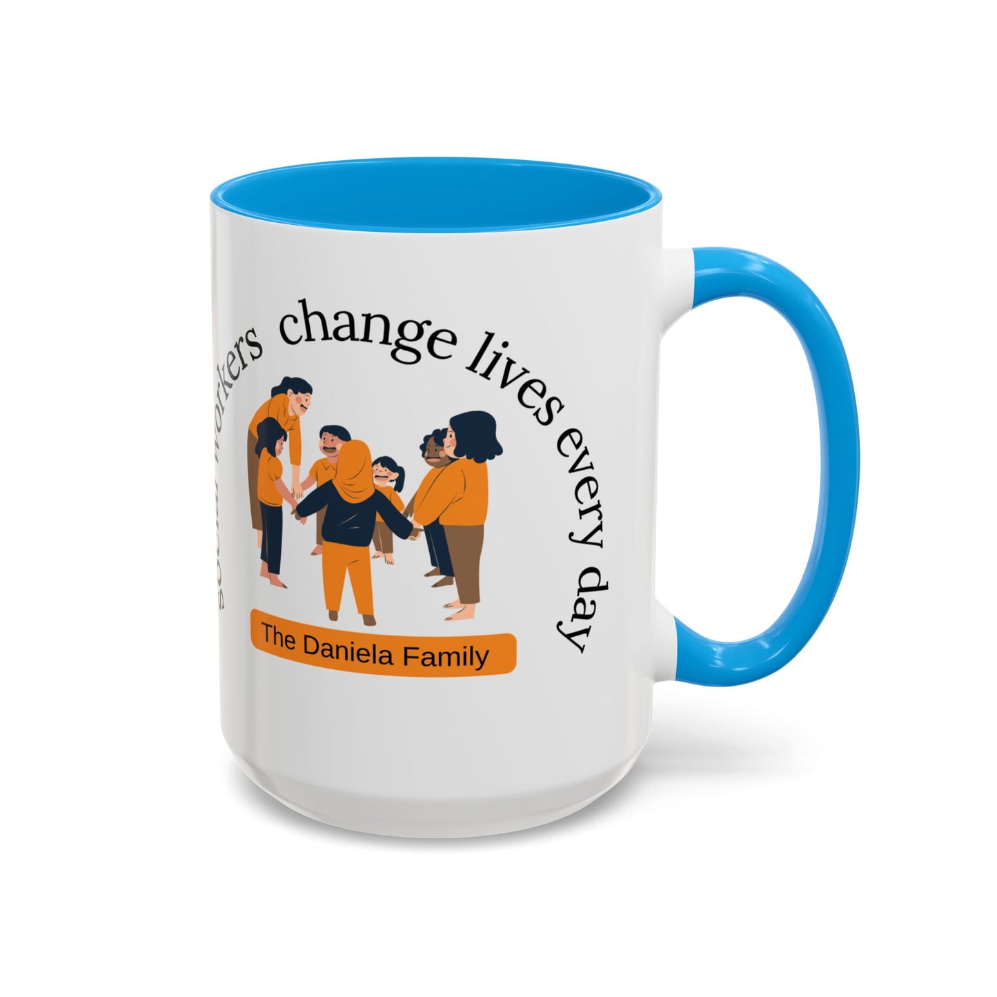 Taza de 11oz o 15oz con mensaje "Social Workers Change Lives" de Printify, mostrando la taza blanca con diseño en la imagen