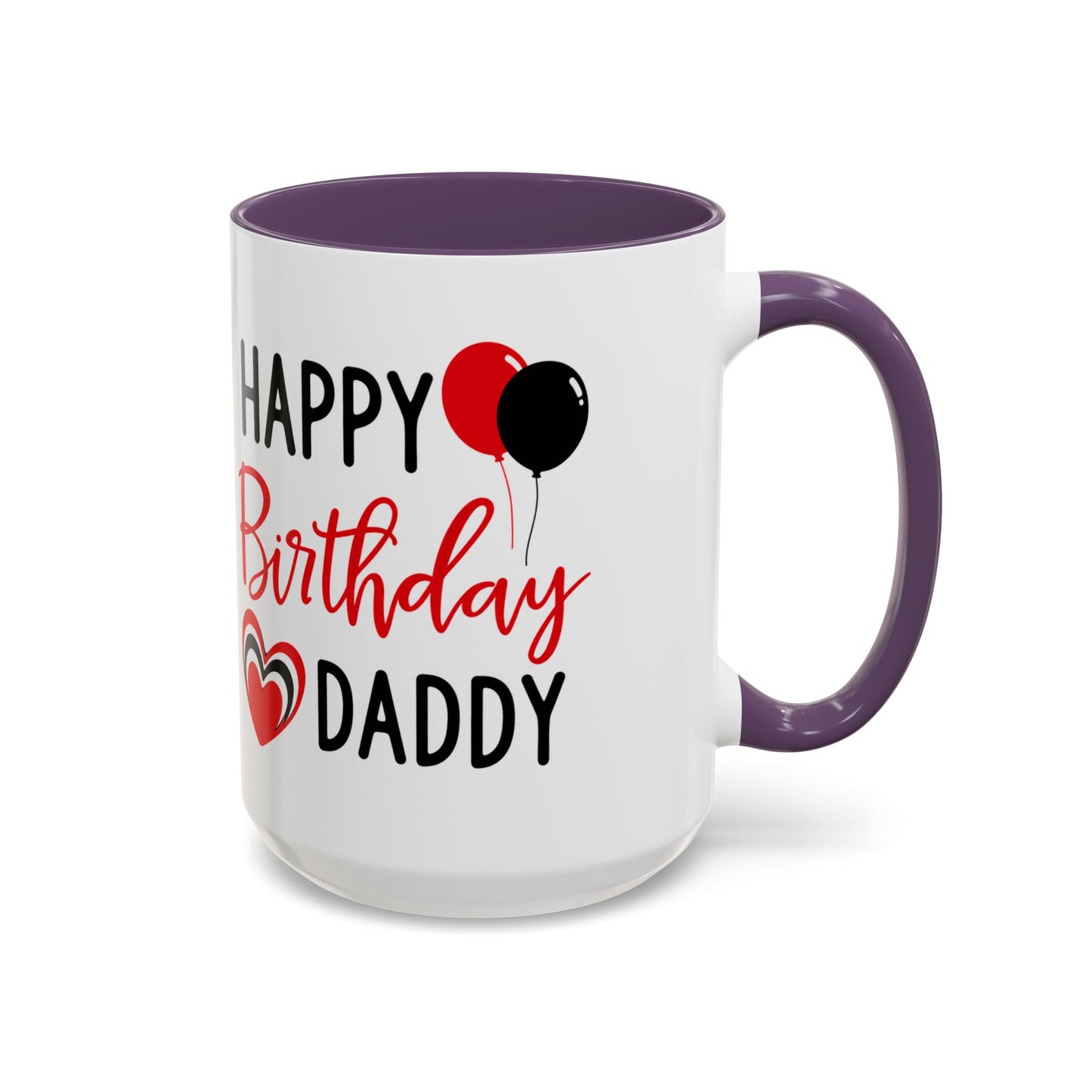 Taza de café Happy Birthday Daddy de Printify con globos rojos y negros y corazón, en tamaño de 11 y 15 oz.