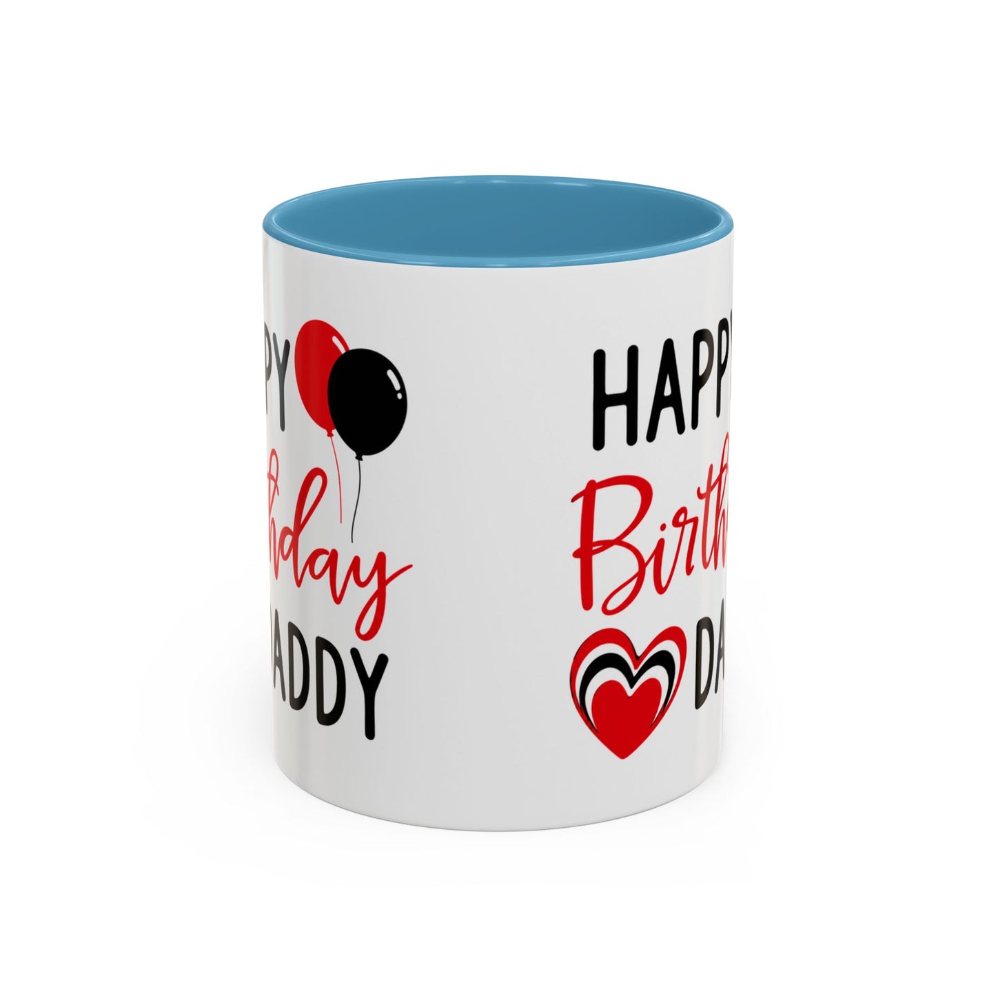 Taza de café Happy Birthday Daddy de Printify con globos rojos y negros, corazón, en tamaño 11oz o 15oz.