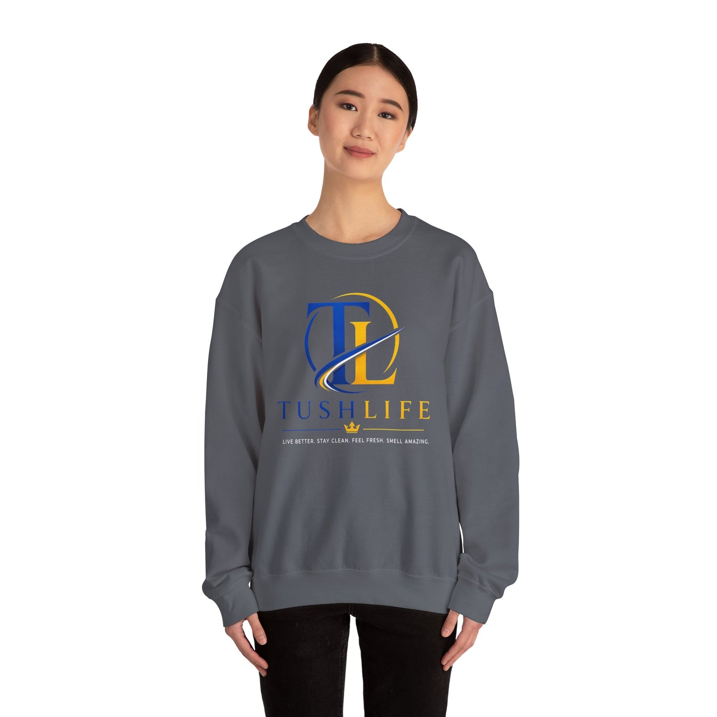 Sudadera azul Gold TL Monogram de Printify, estilo casual con diseño de monograma en el pecho, manga larga y cuello redondo.